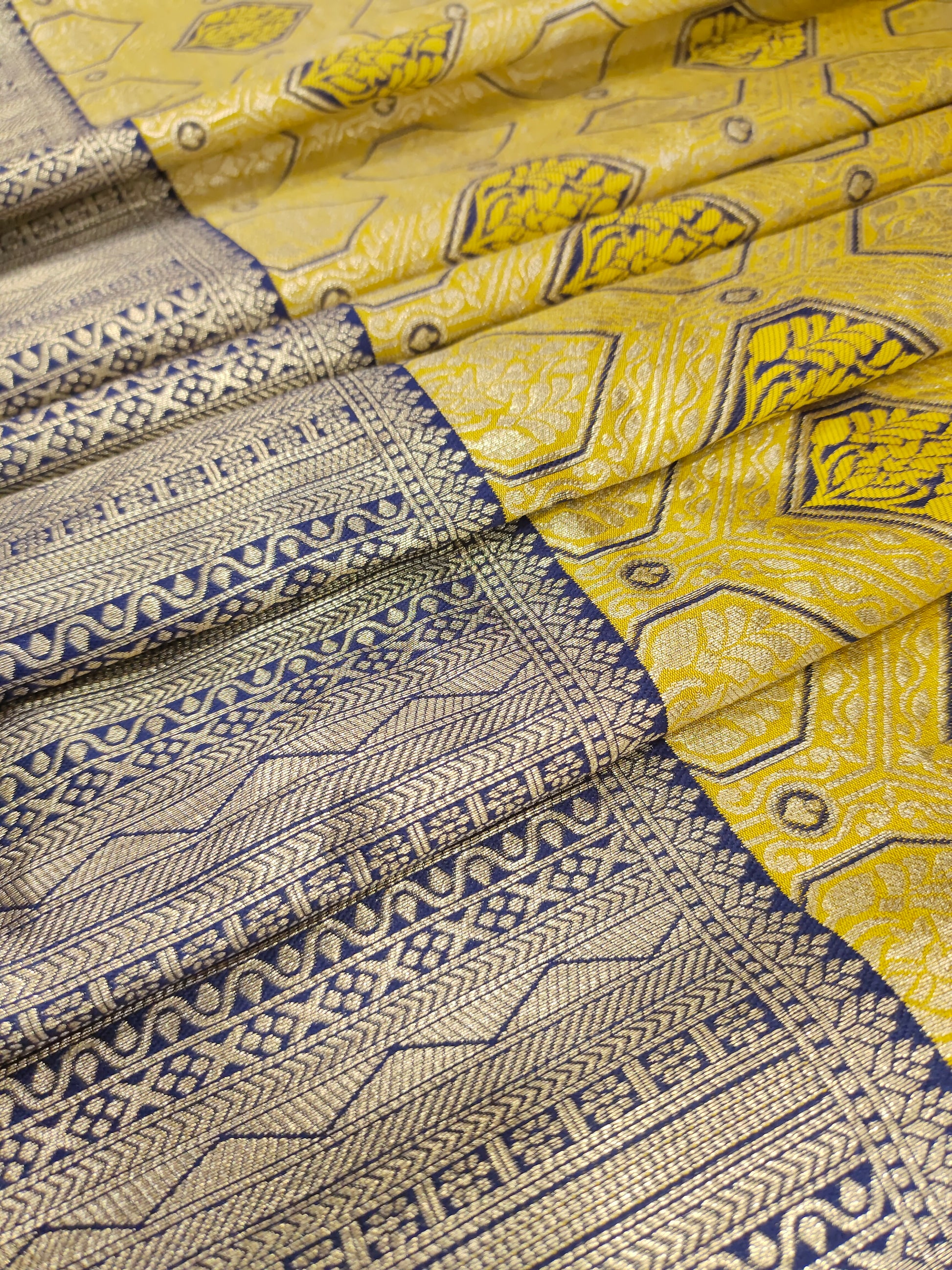 Banarasi silk with yellow and navy blue