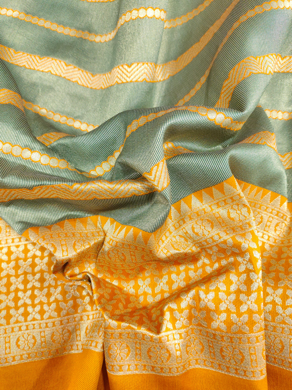 Banarasi sik with mehendi green and mango yellow color