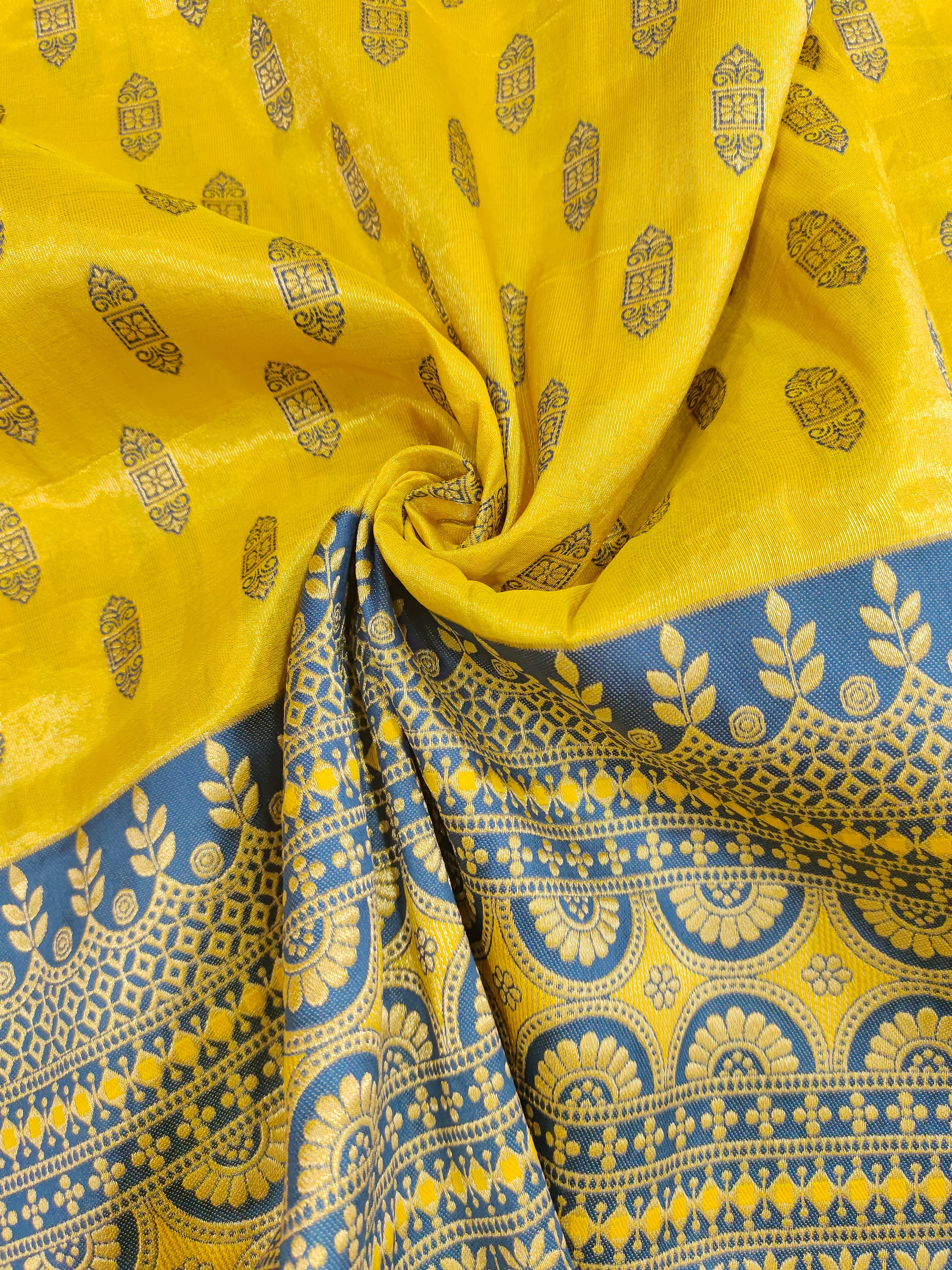 Banarasi silk with yellow and blue