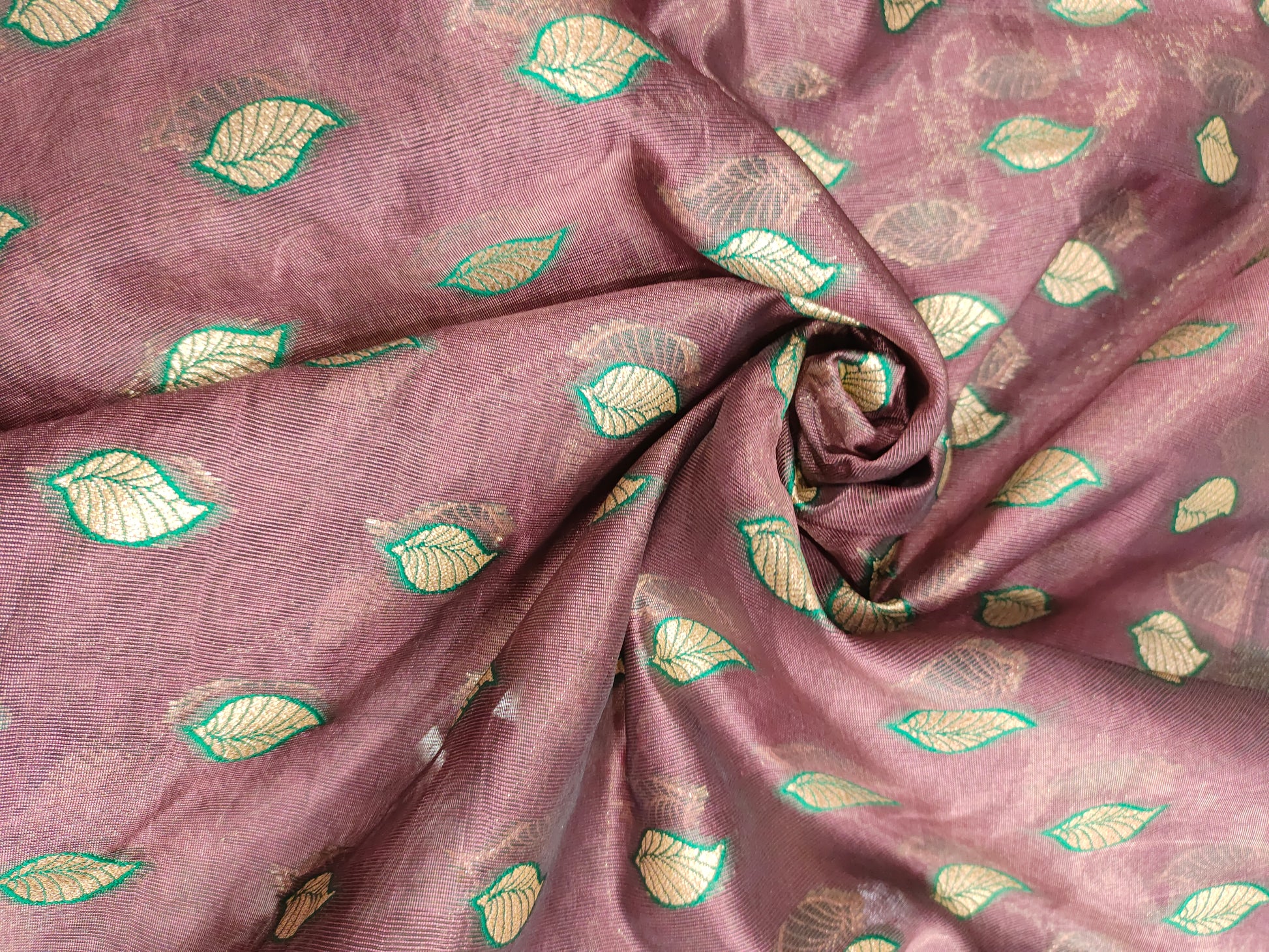 chanderi silk with gold and green print