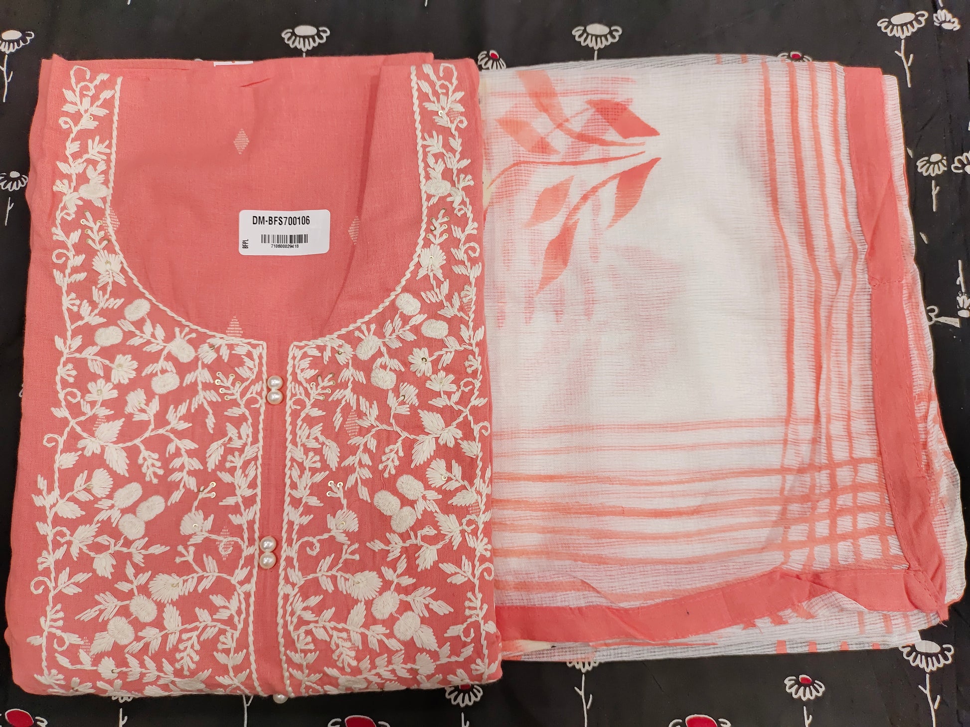 Pink embroidered set with kota dupatta