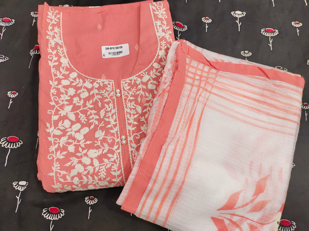 Pink embroidered set with kota dupatta
