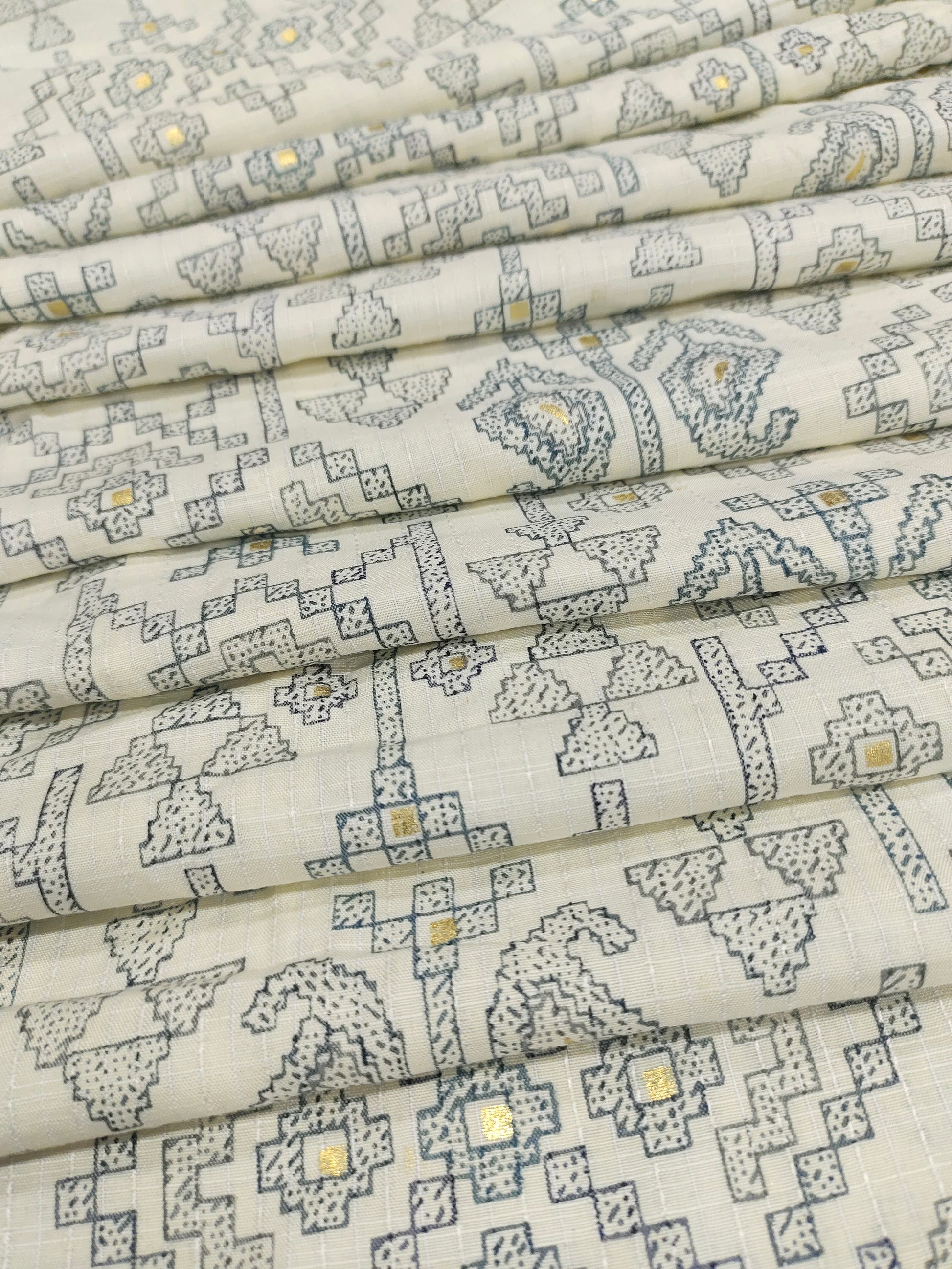 Cream with navy Jeevan Rekha slub foil