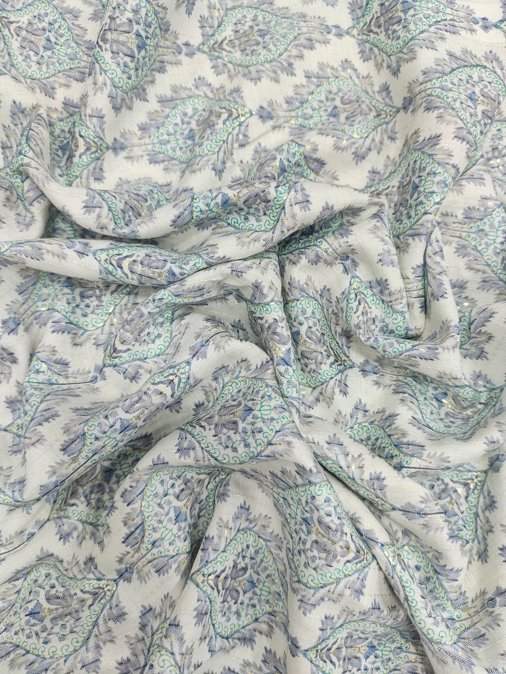 Cream base with green & blue Jeevan Rekha slub foil