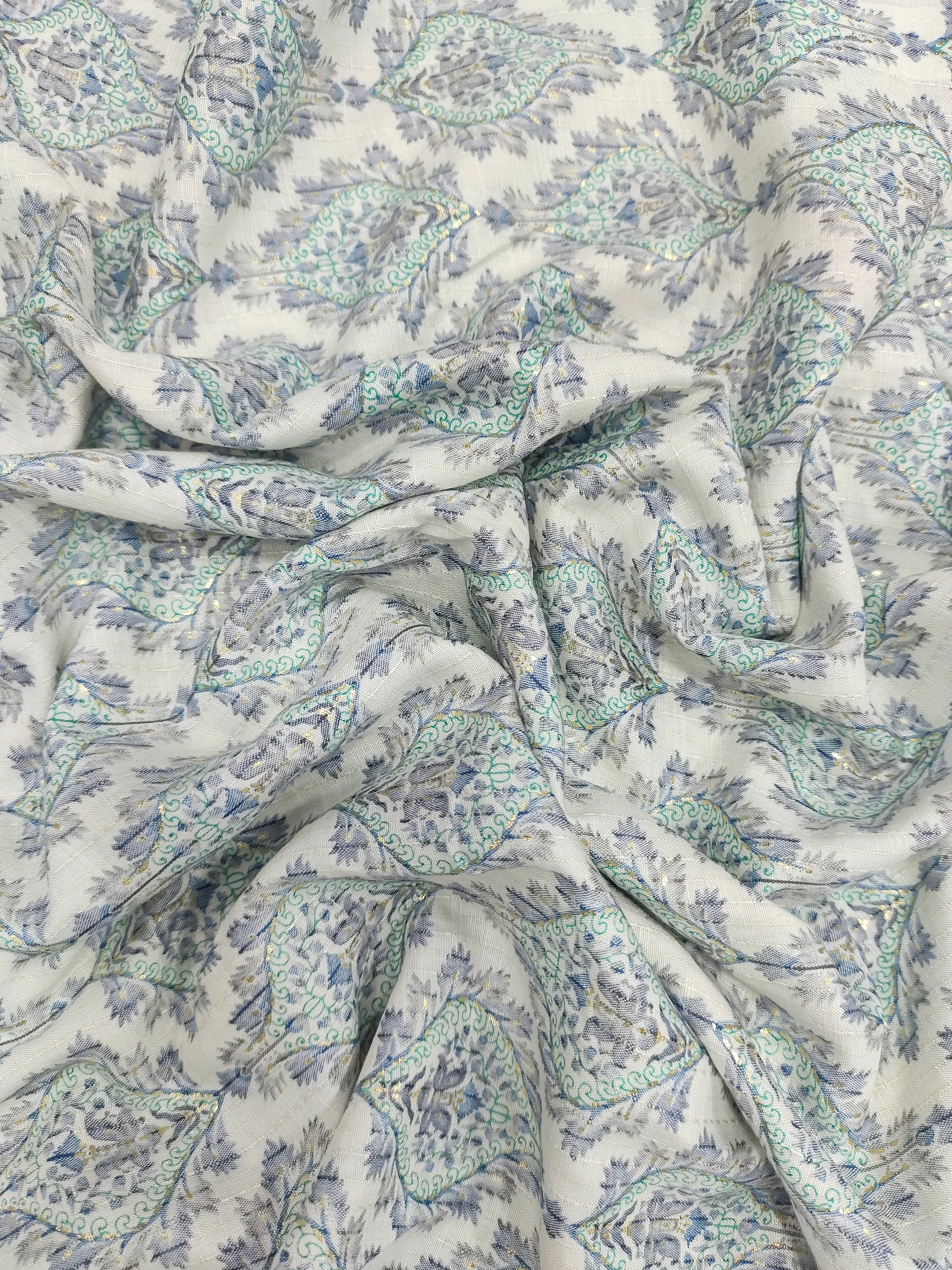 Cream base with green & blue Jeevan Rekha slub foil