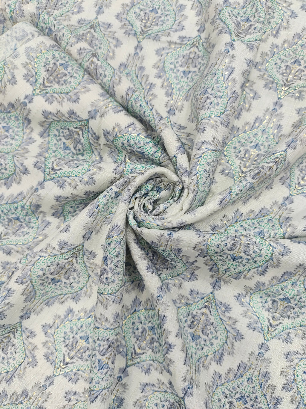 Cream base with green & blue Jeevan Rekha slub foil