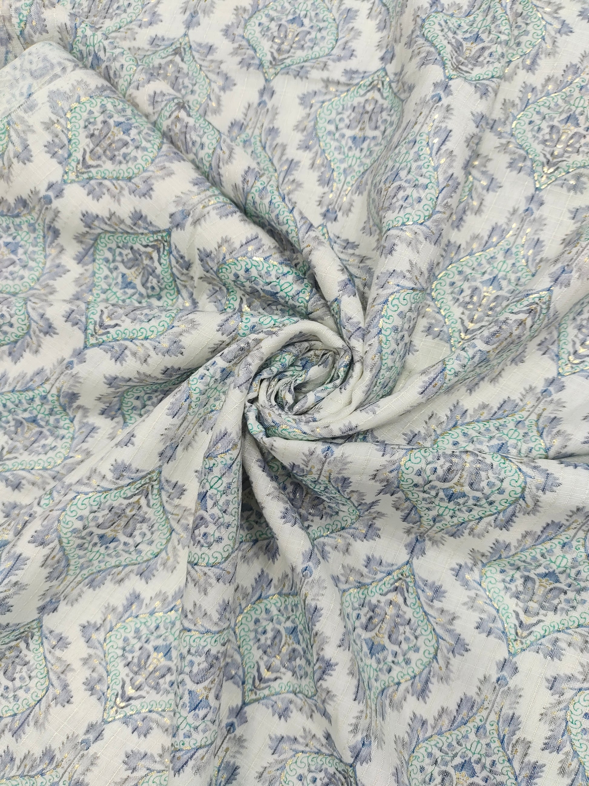 Cream base with green & blue Jeevan Rekha slub foil