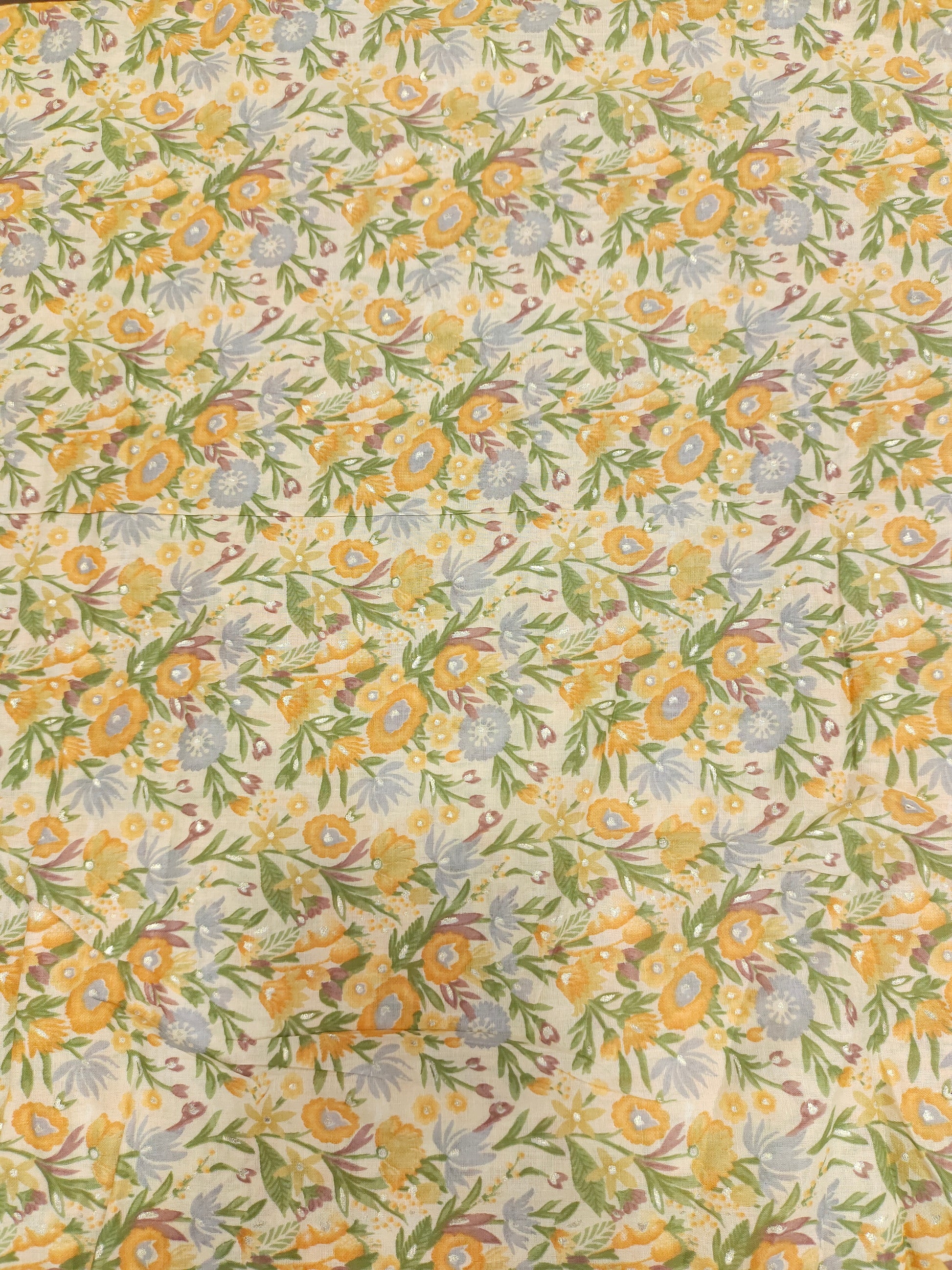 Yellow floral Mull cotton with foil