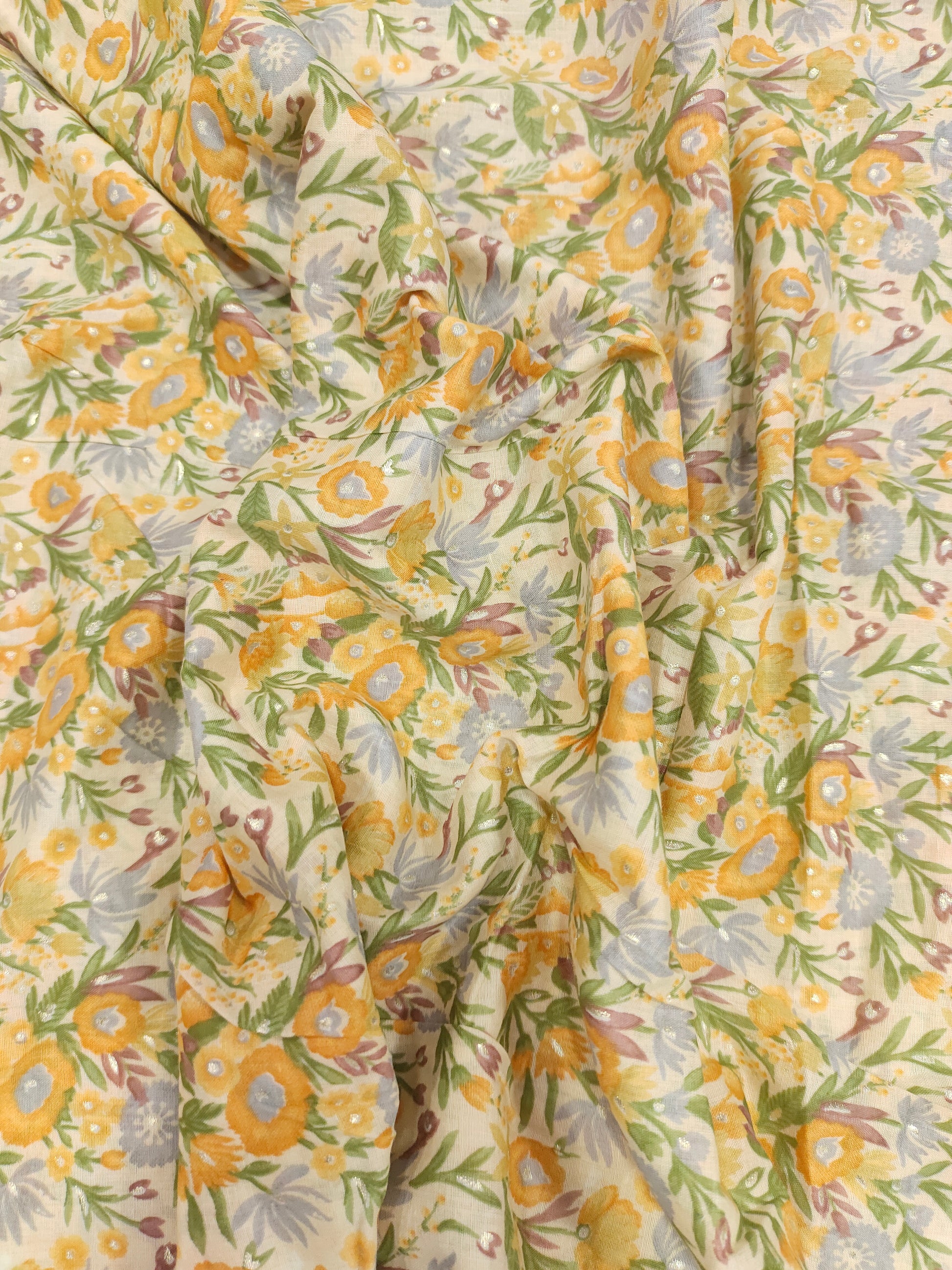 Yellow floral Mull cotton with foil
