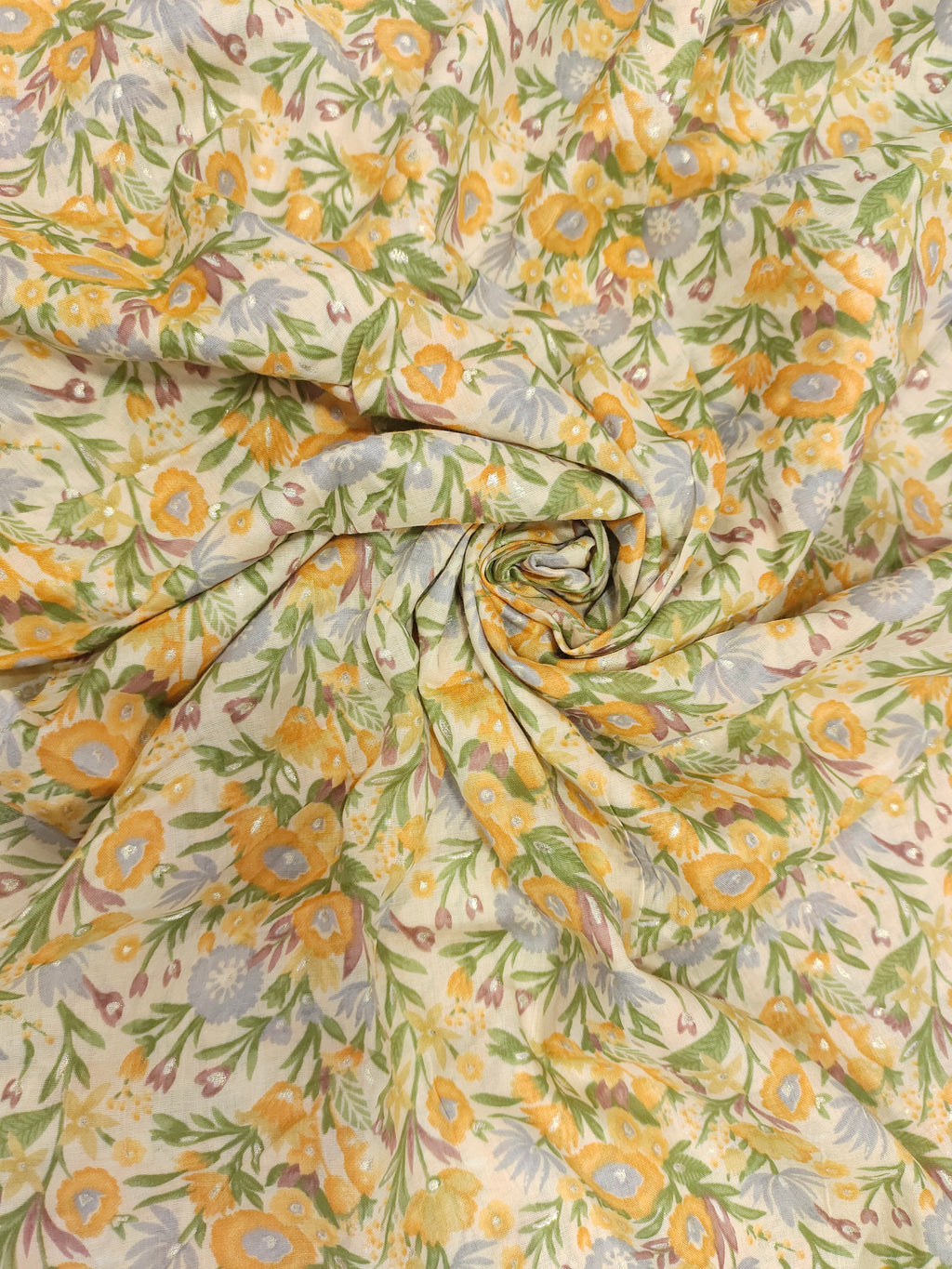 Yellow floral Mull cotton with foil
