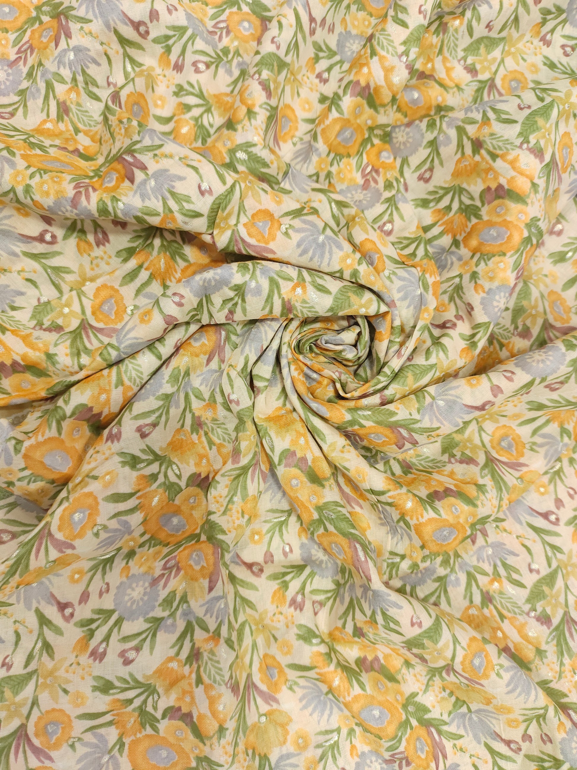 Yellow floral Mull cotton with foil