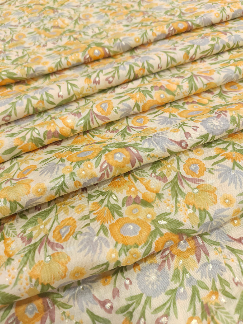Yellow floral Mull cotton with foil