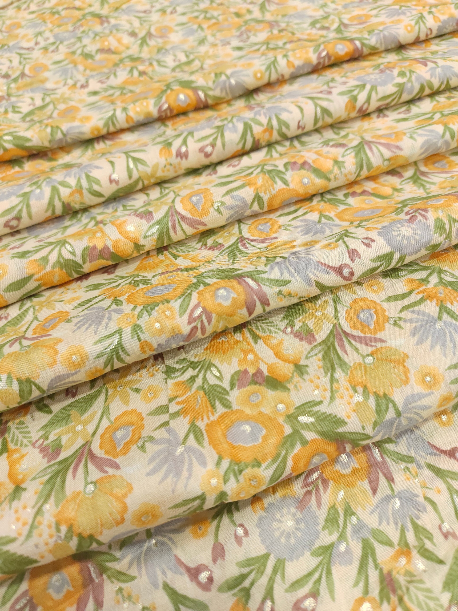 Yellow floral Mull cotton with foil