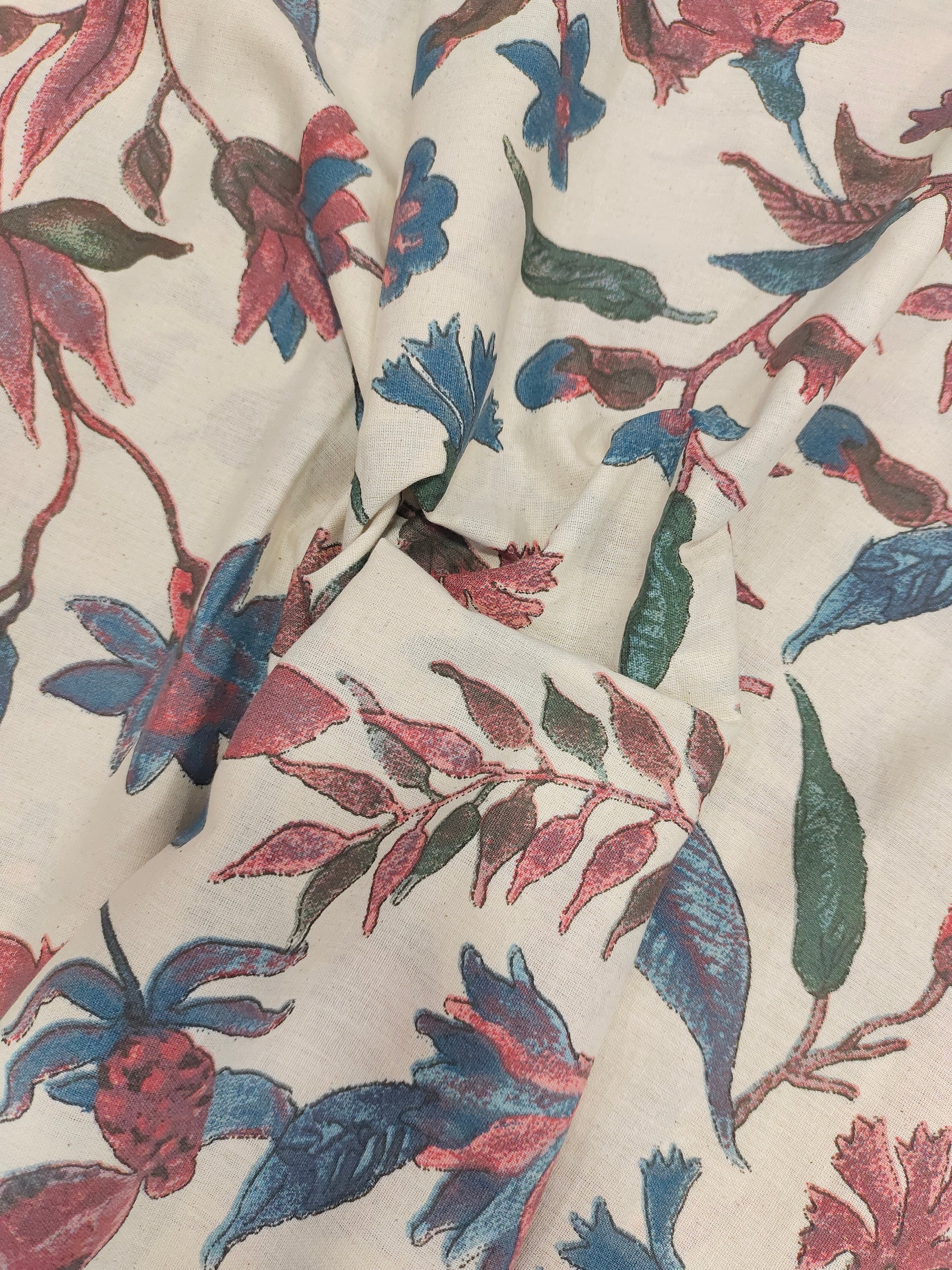 Cotton flex fabric floral print with pink and blue