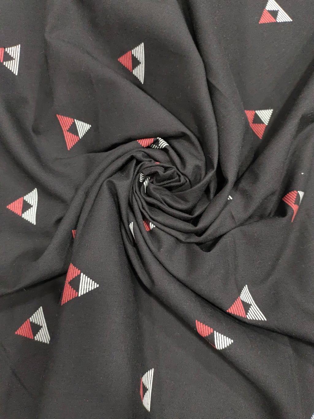 Black cotton fabric triangle print with off white and maroon