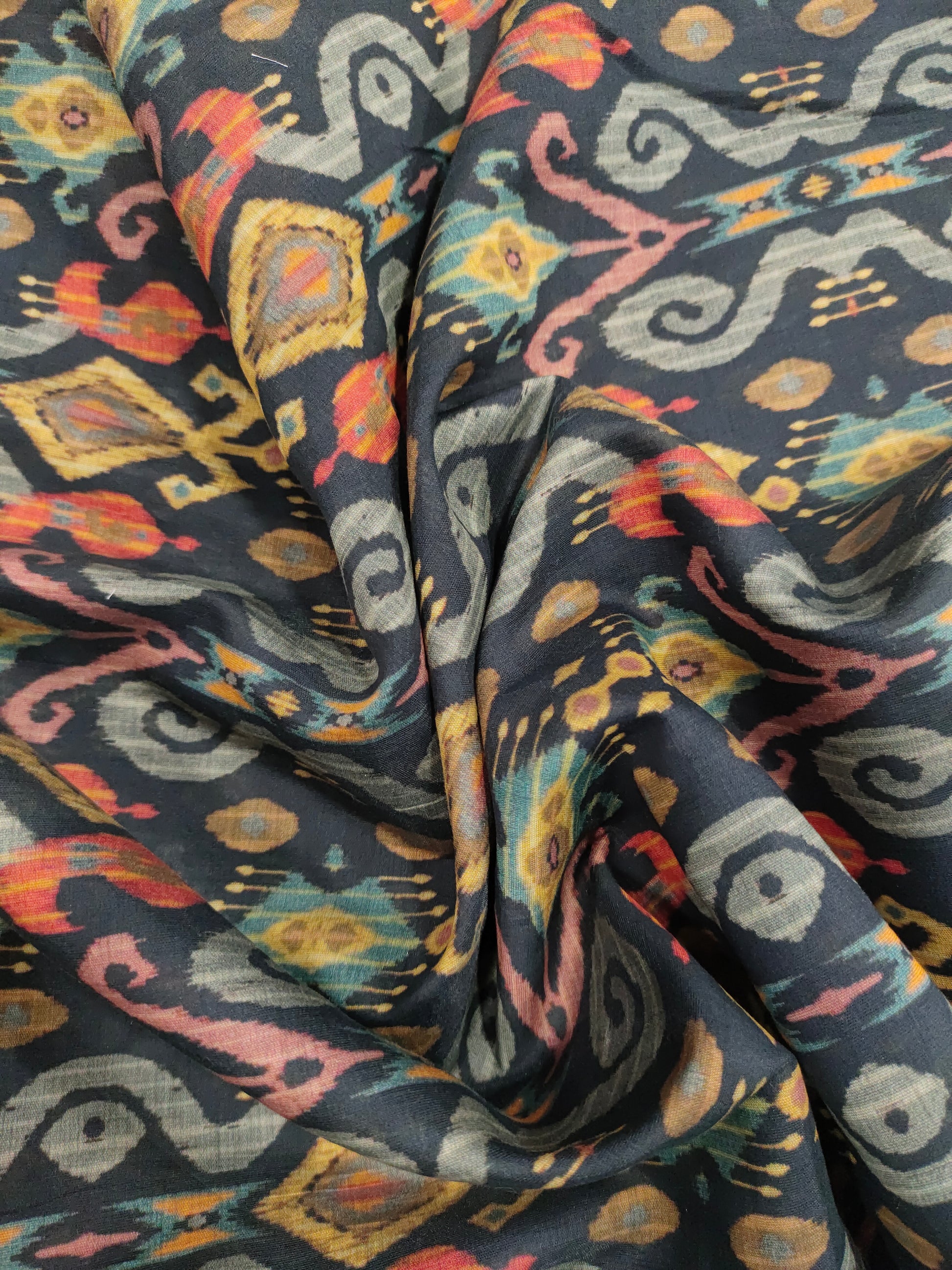 Mull chanderi digital print on black fabric