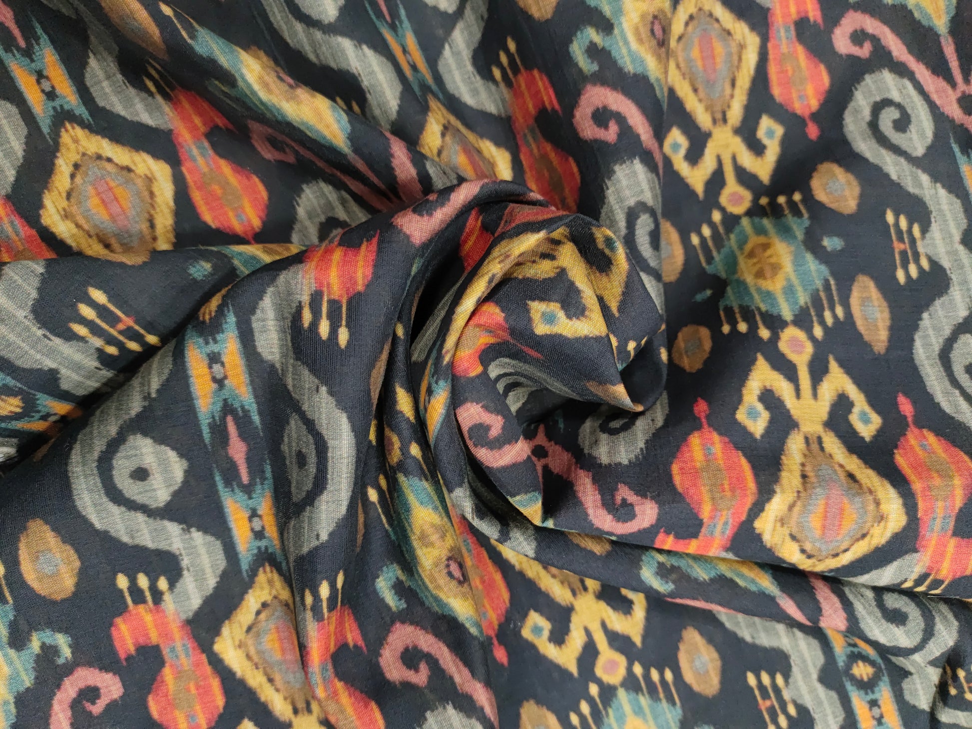 Mull chanderi digital print on black fabric