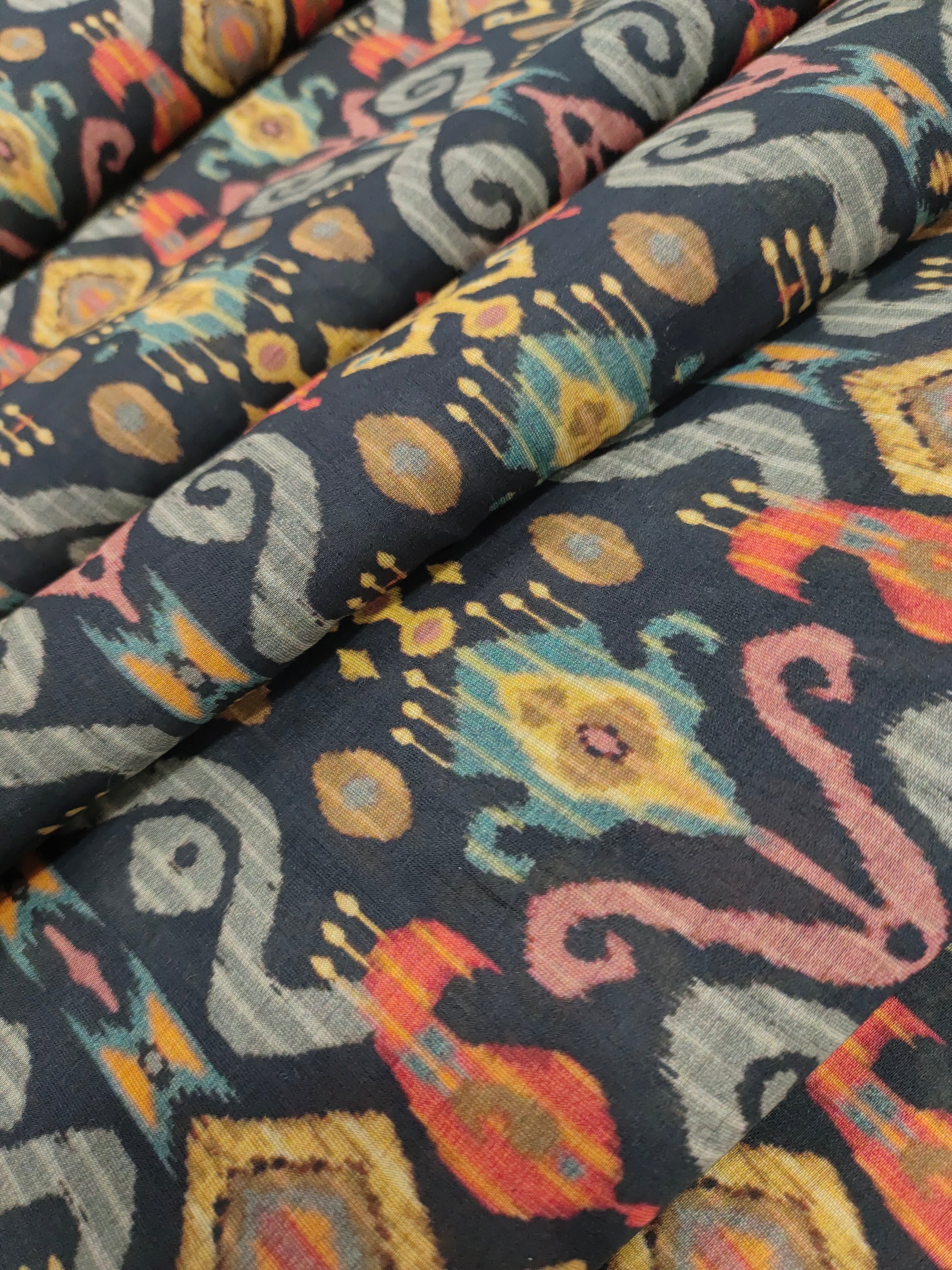 Mull chanderi digital print on black fabric