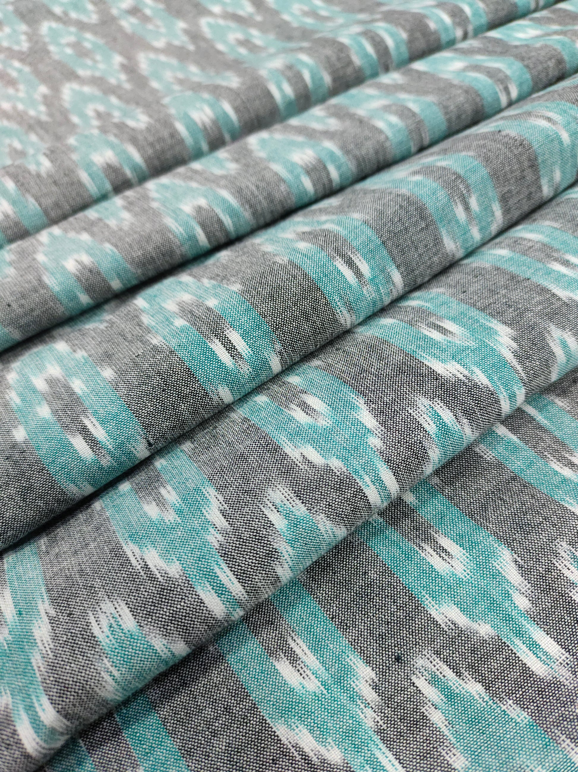 Pure cotton Grey ikkat with green Azo free wash fabric