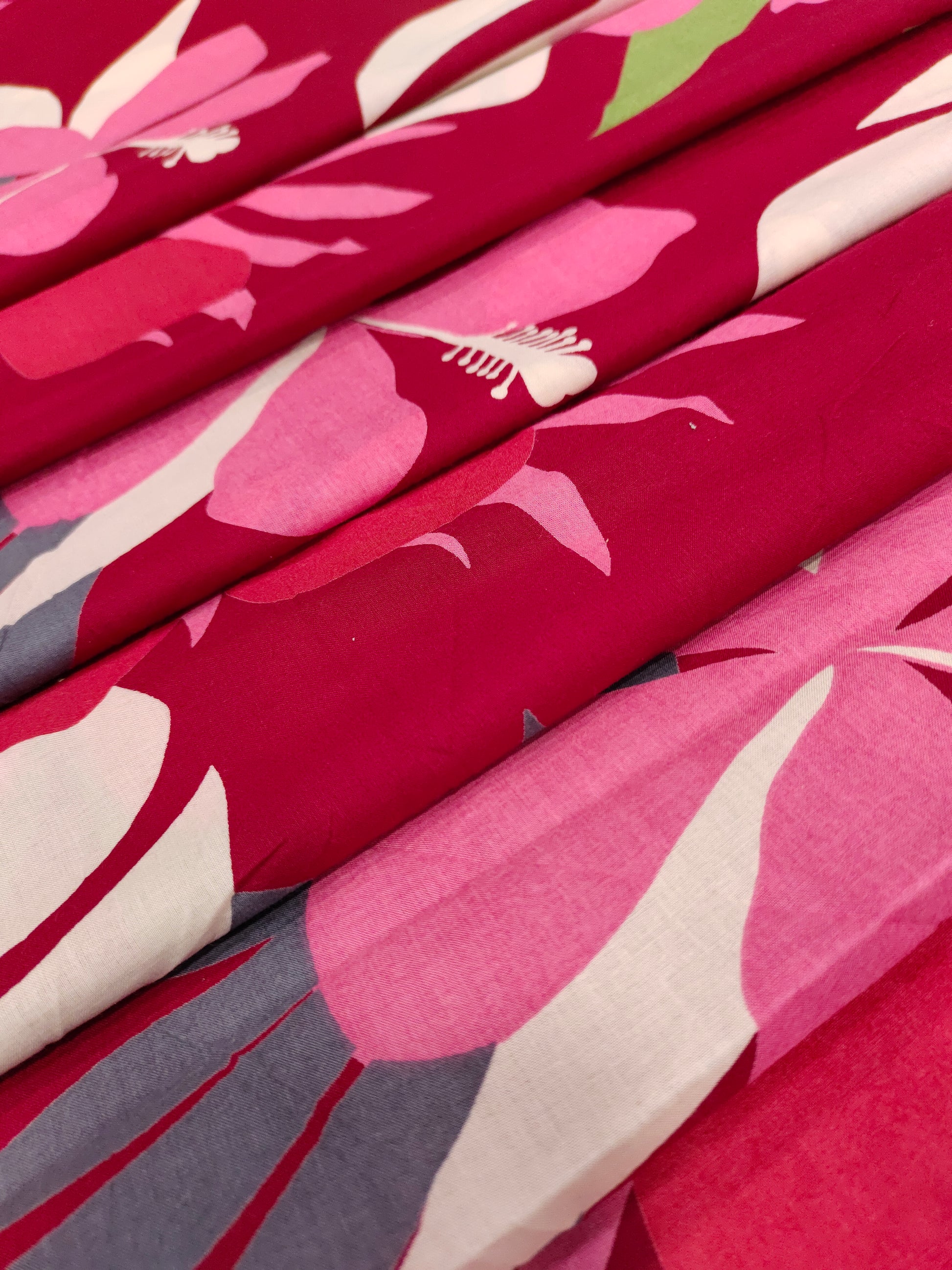 Jaipur cotton big floral print with Grey pink and green on maroon fabric