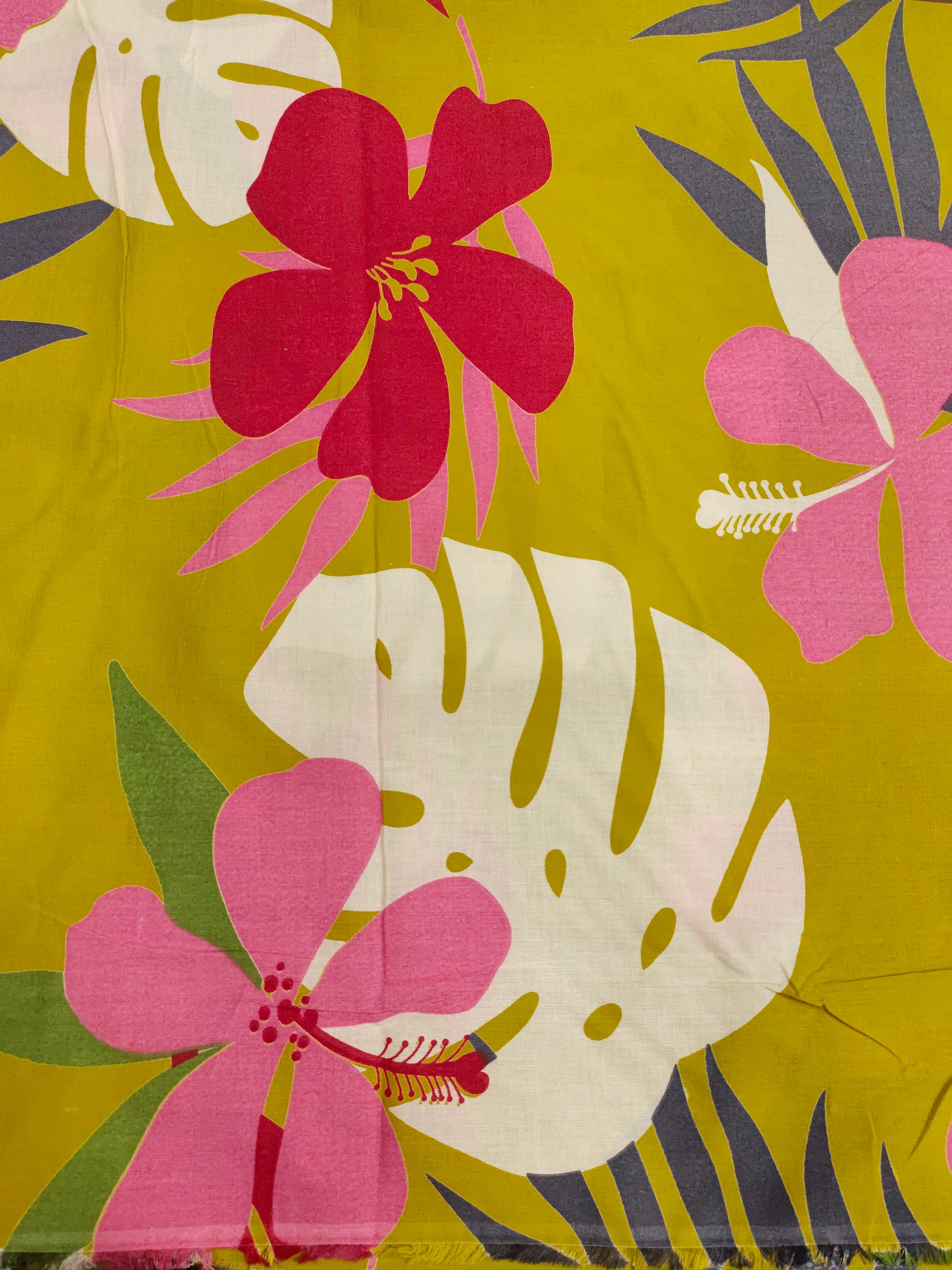 Cotton big floral print on light mustard fabric