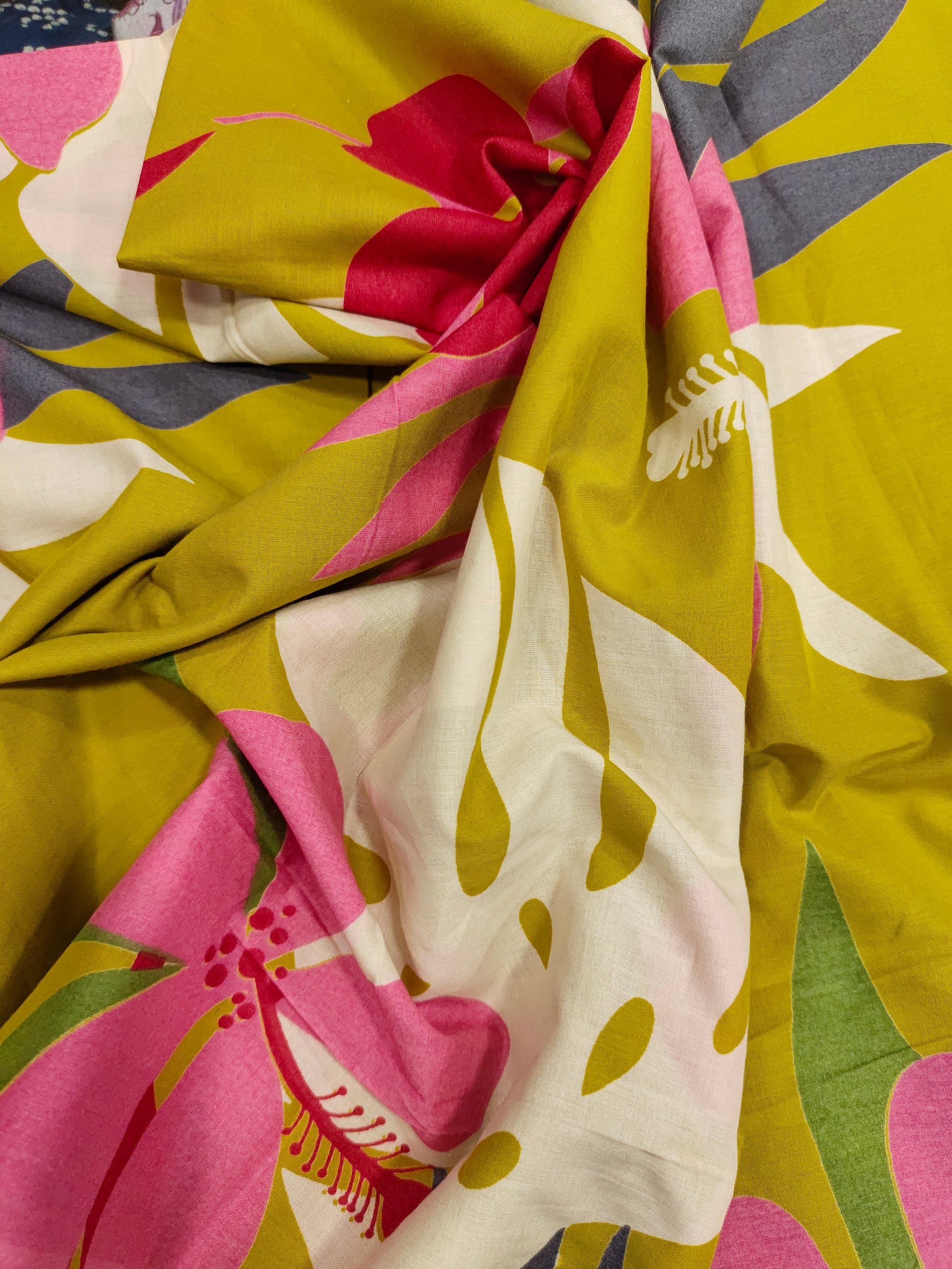 Cotton big floral print on light mustard fabric