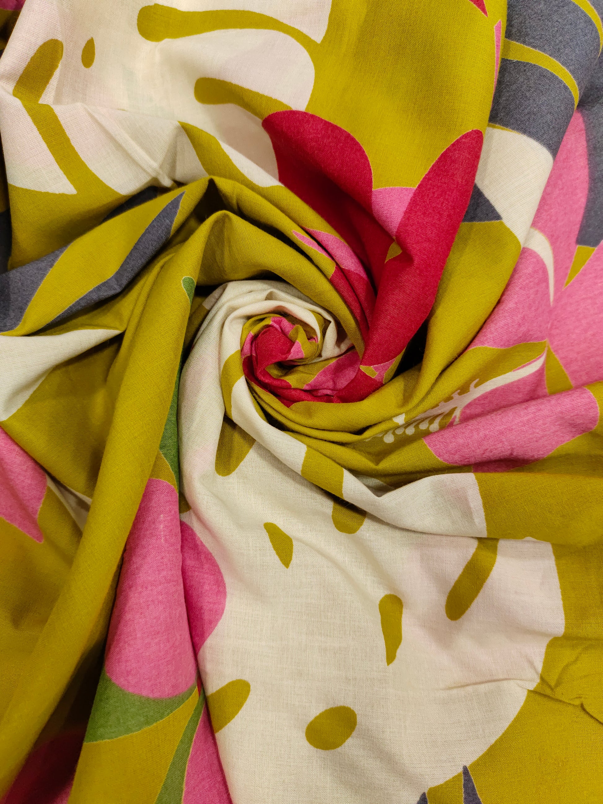 Cotton big floral print on light mustard fabric
