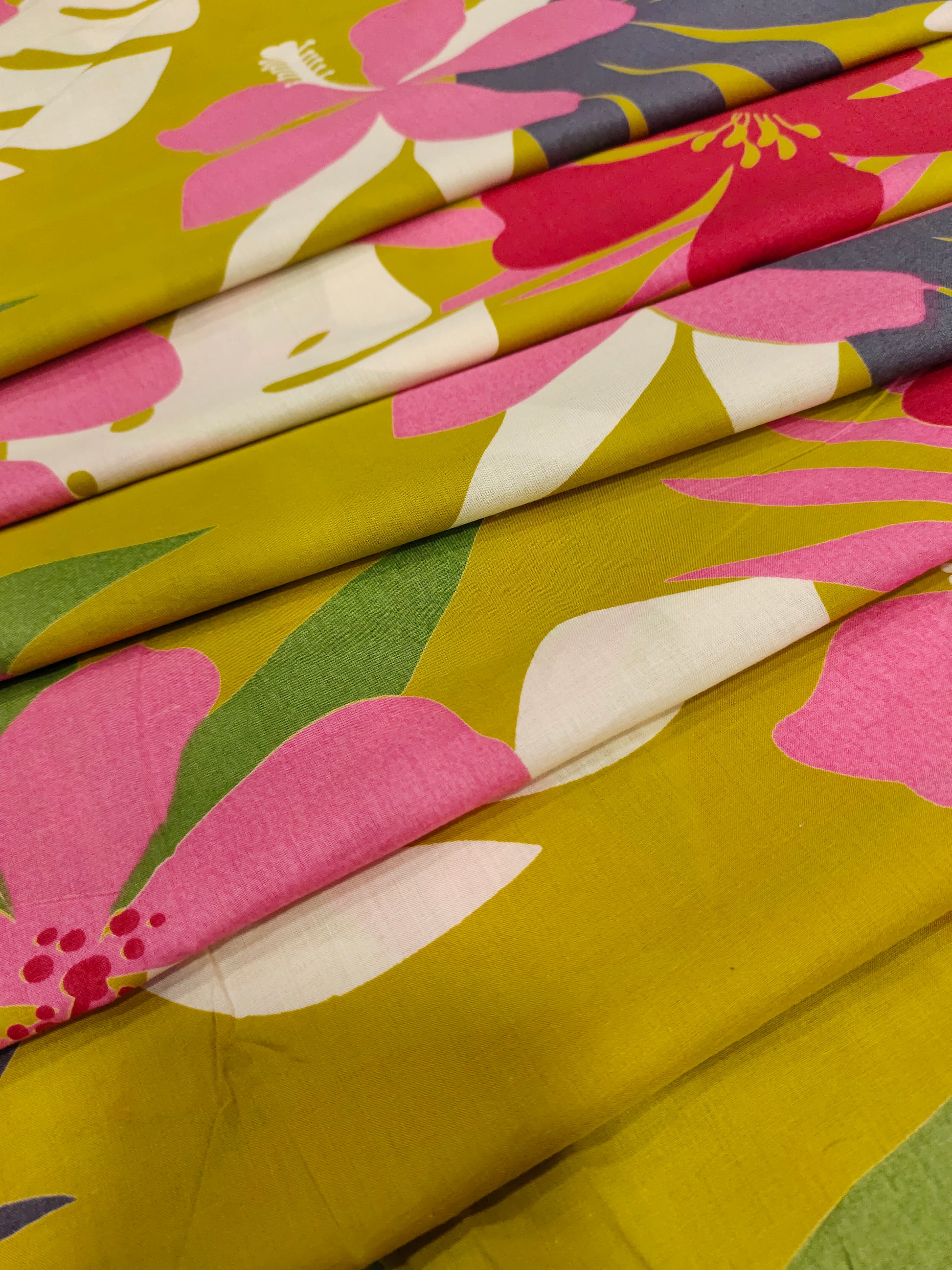 Cotton big floral print on light mustard fabric