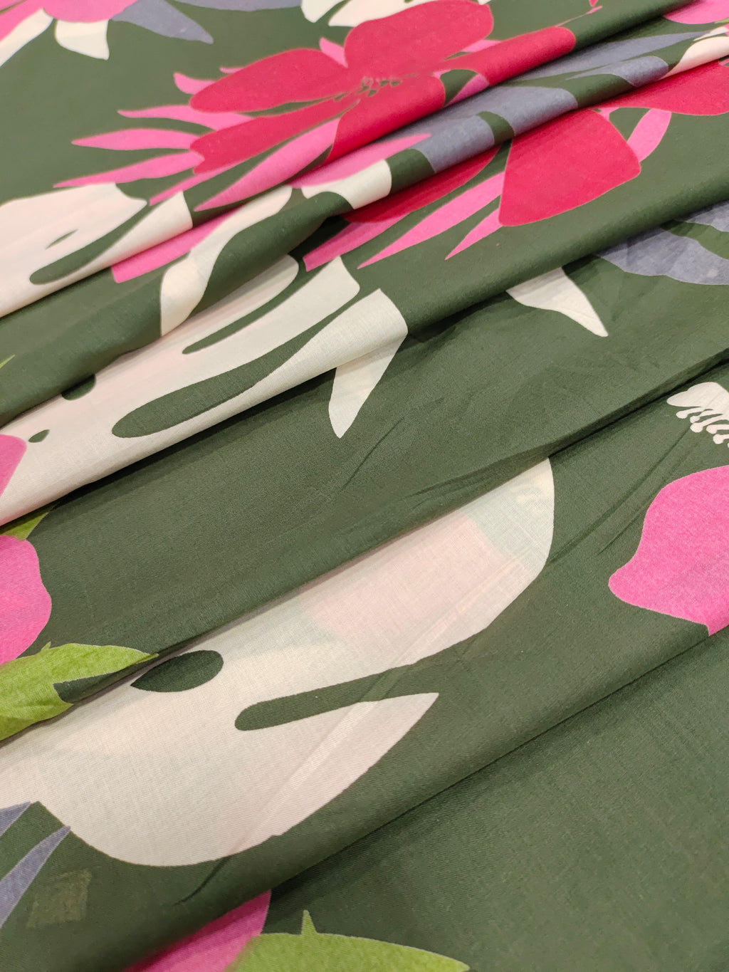 Cotton big floral print on olive green fabric