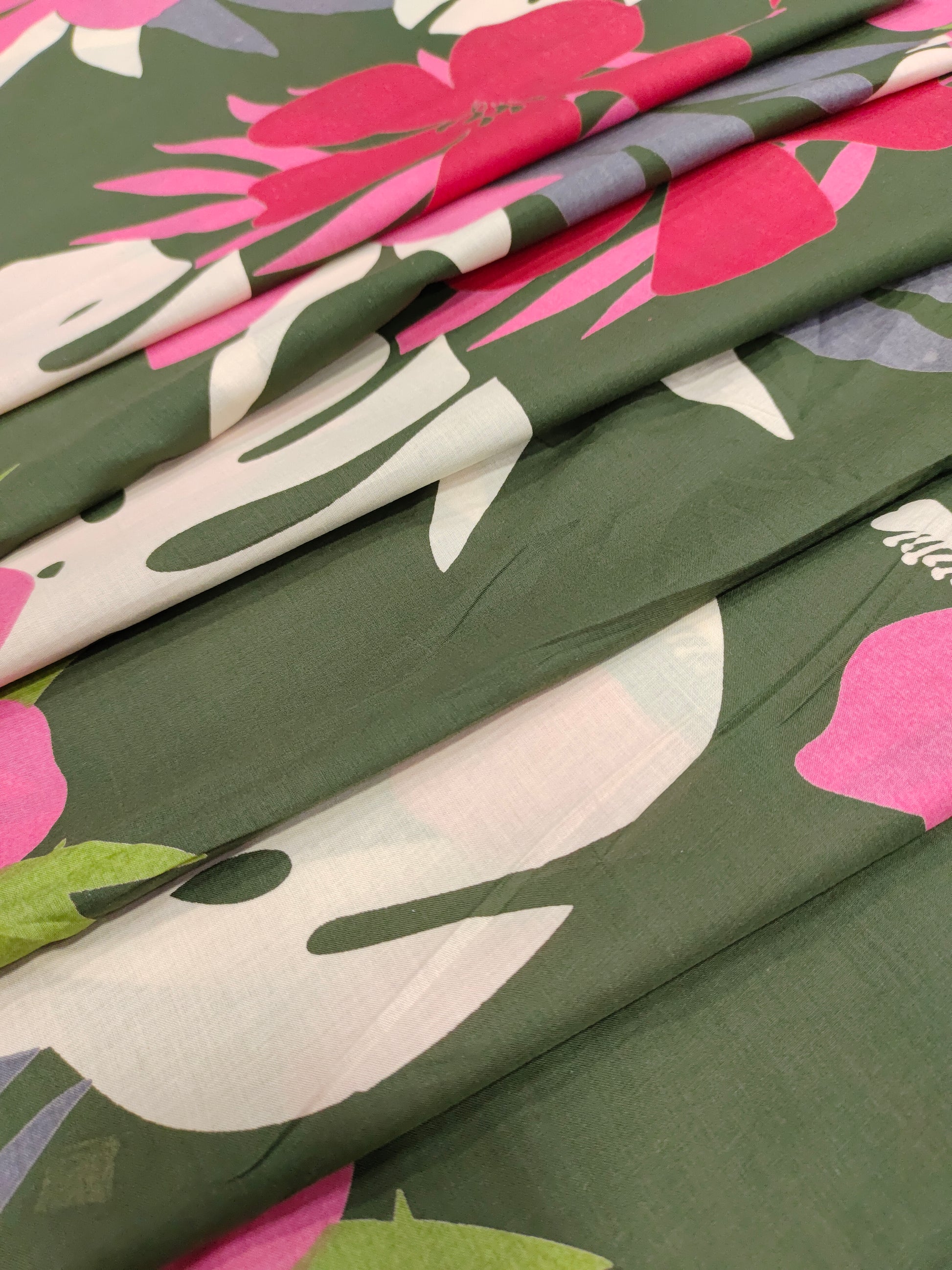 Cotton big floral print on olive green fabric