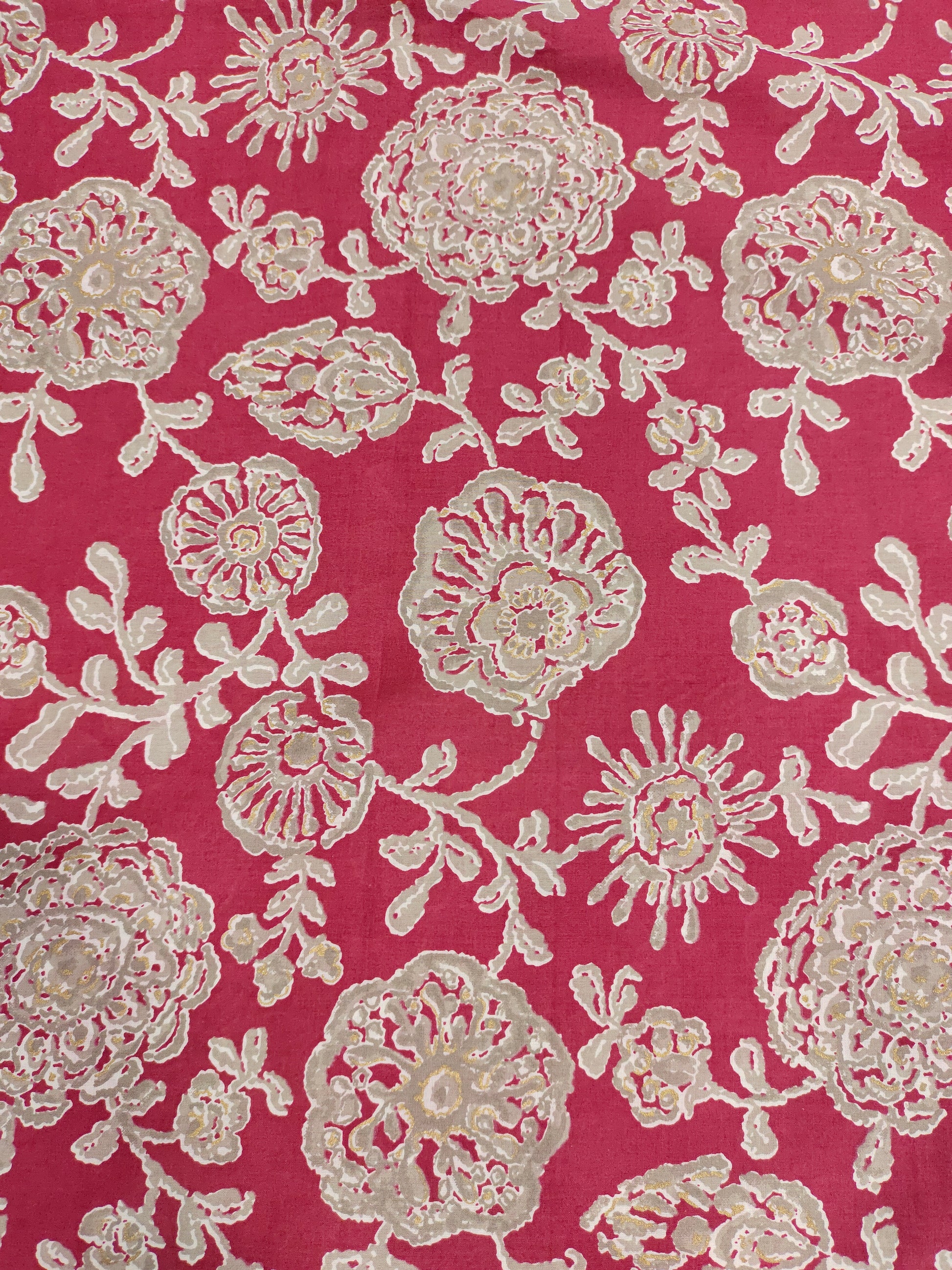 Cotton floral Screen Print on pink fabric with white
