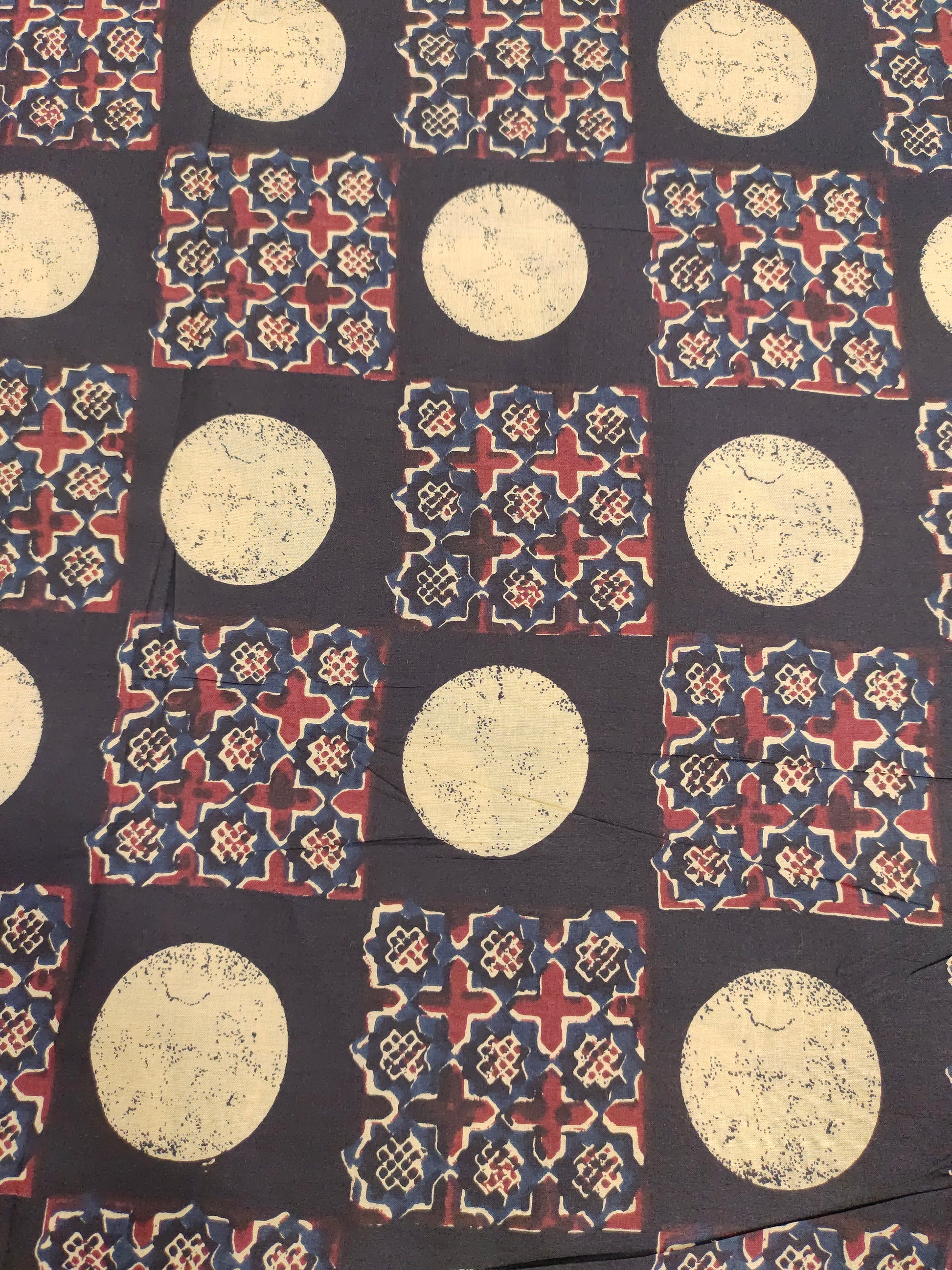Black cotton print fabric with marron & blue