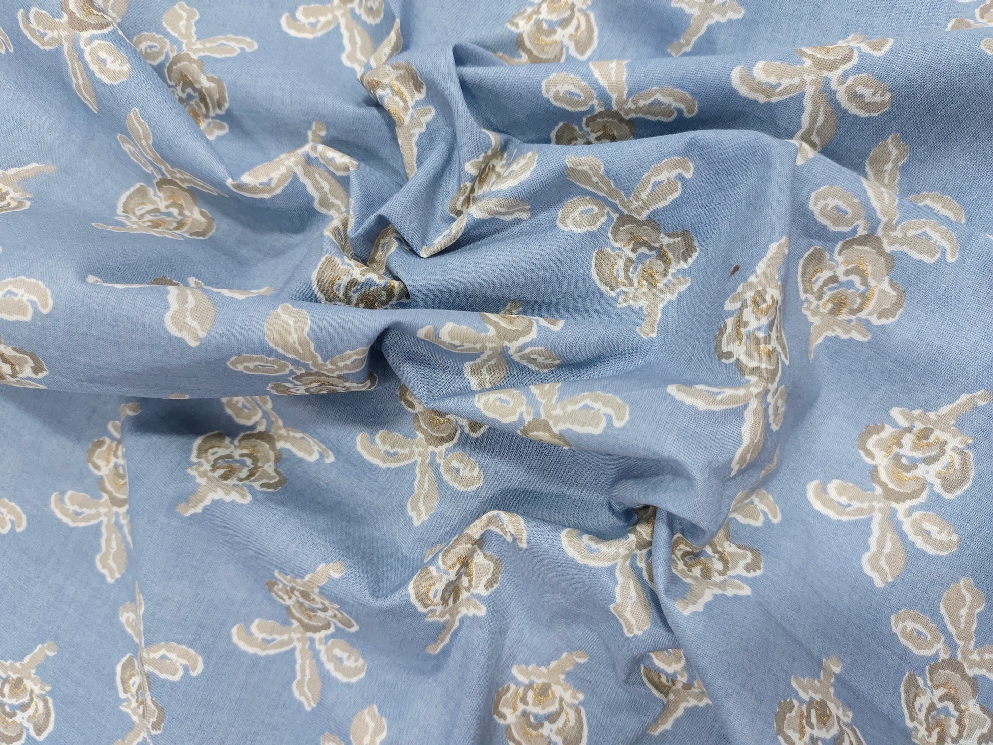 Cotton screen print fabric with white and beige