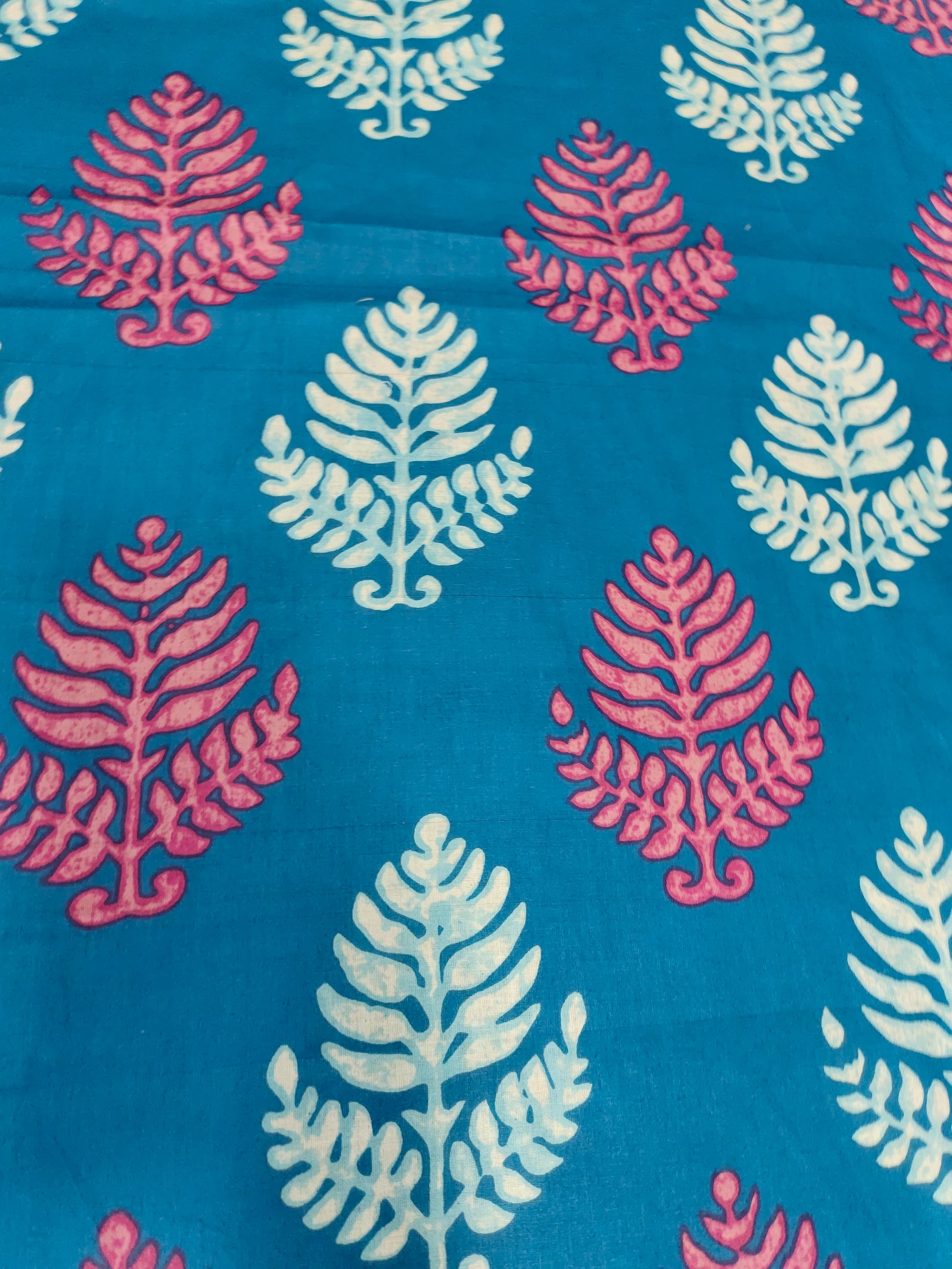 Cotton peacock blue screen print leaves design