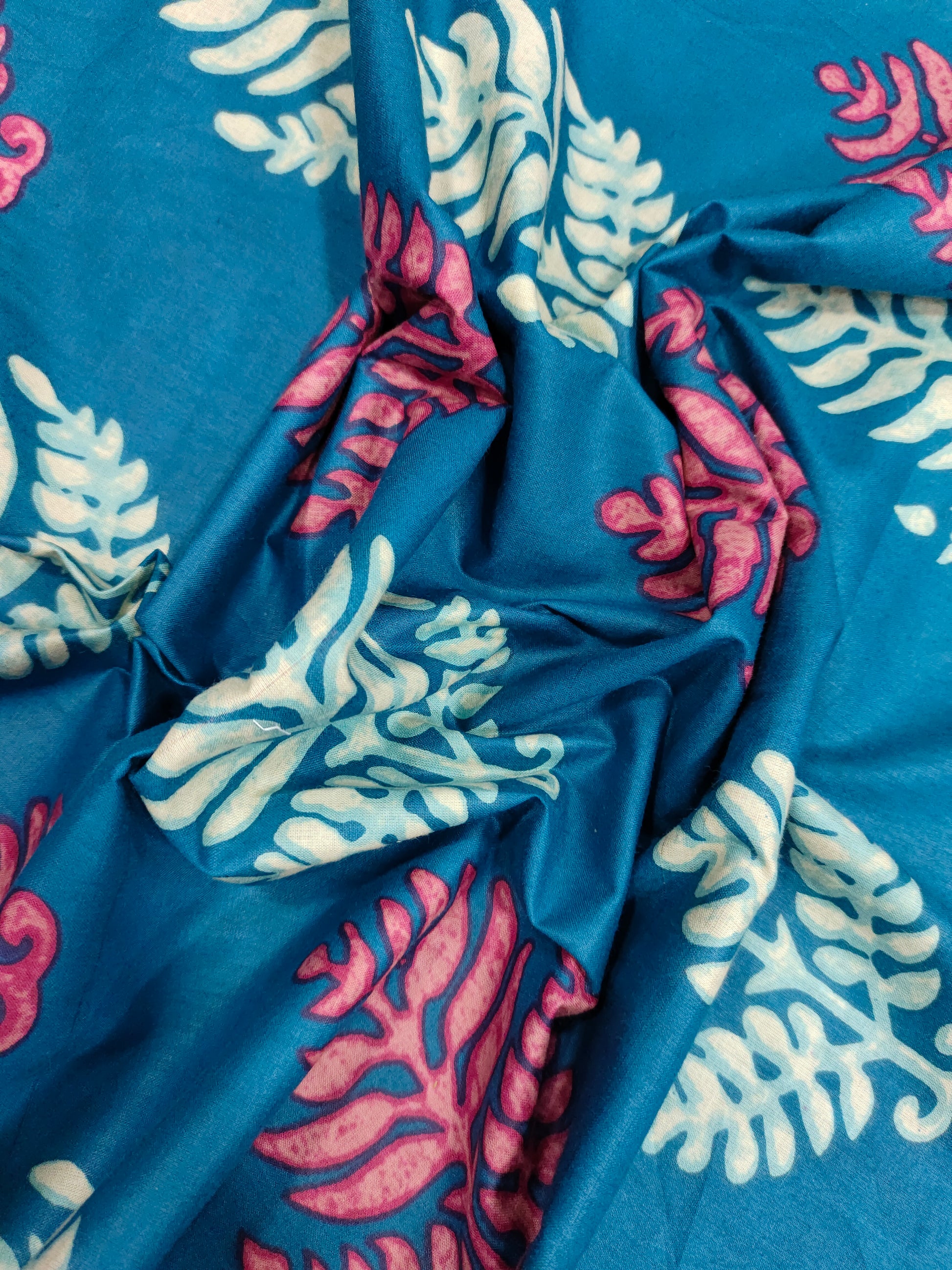 Cotton peacock blue screen print leaves design