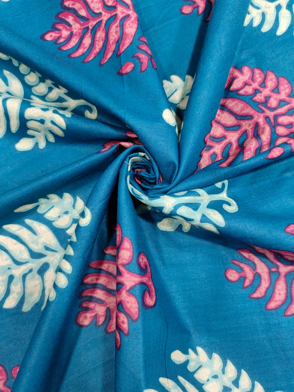 Cotton peacock blue screen print leaves design
