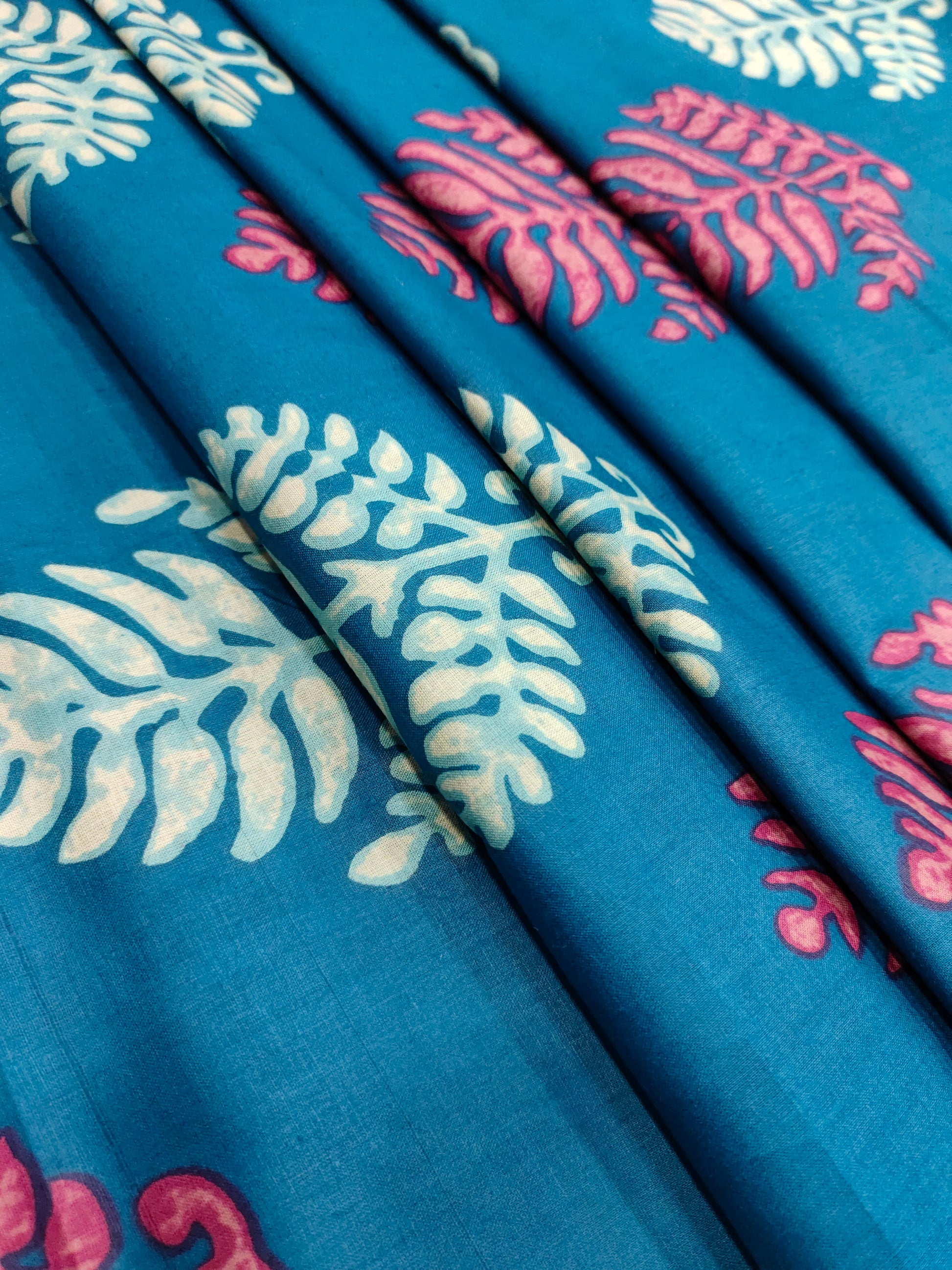 Cotton peacock blue screen print leaves design