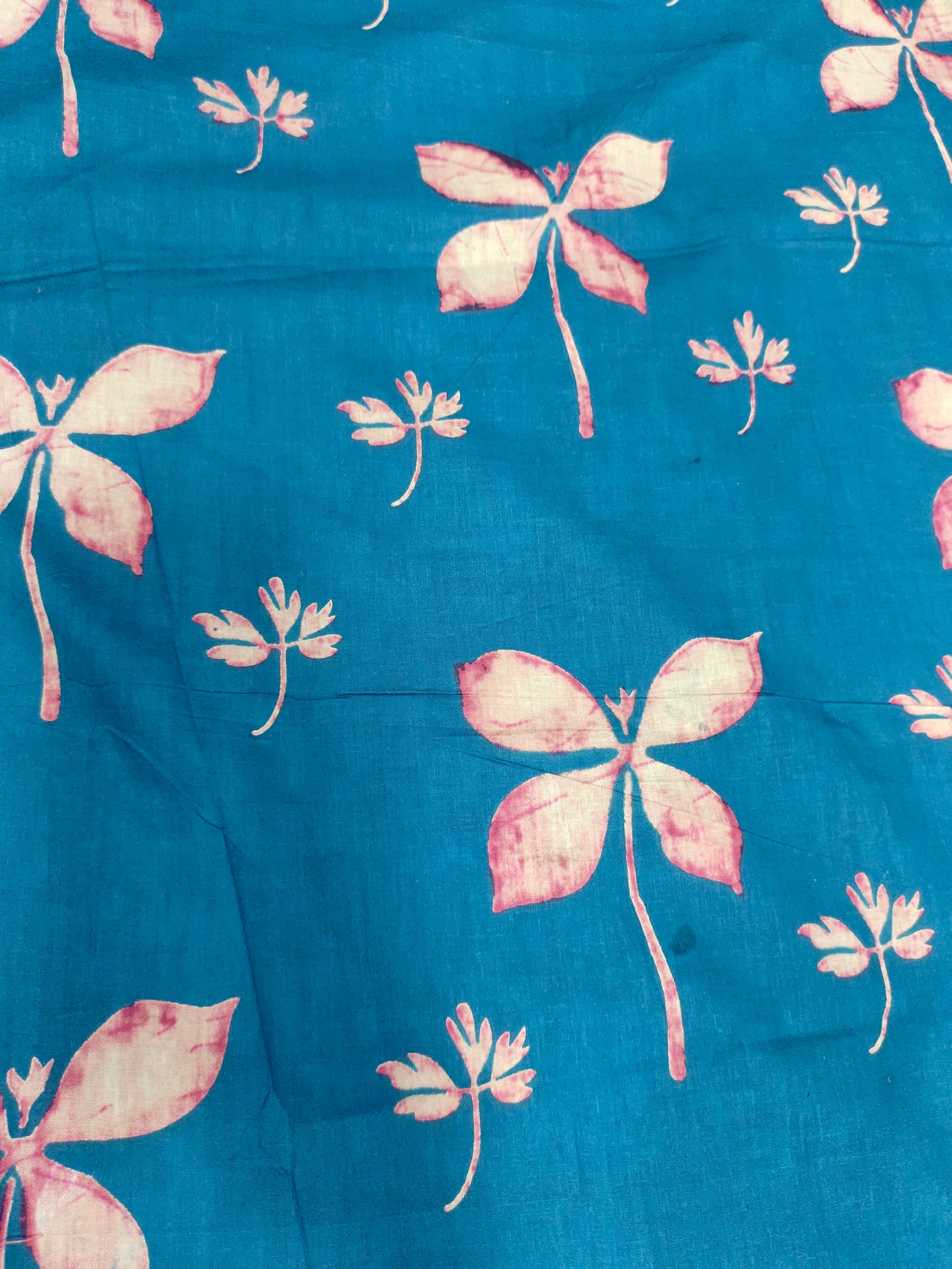 Cotton peacock blue screen print fabric petal flower design
