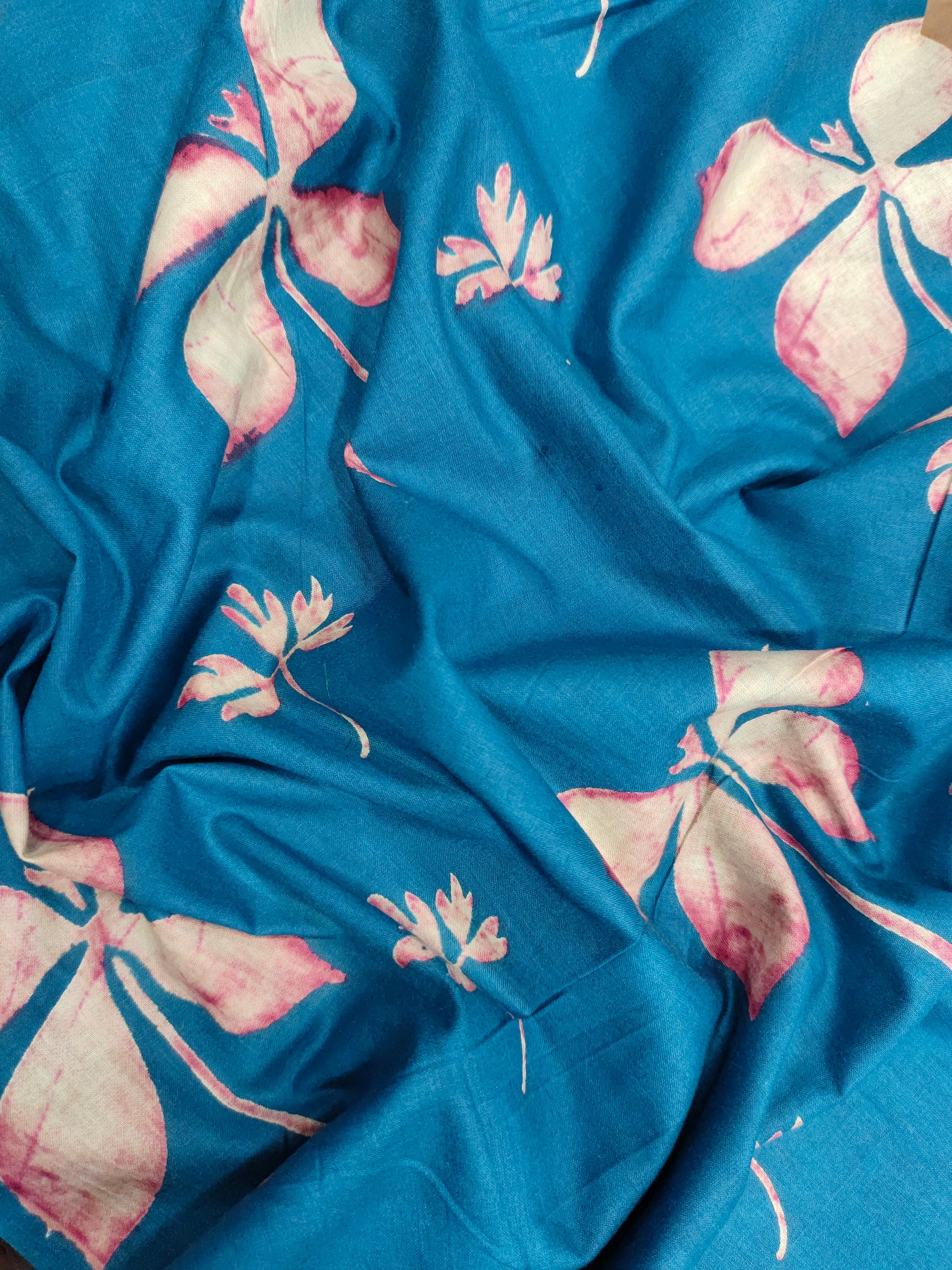 Cotton peacock blue screen print fabric petal flower design