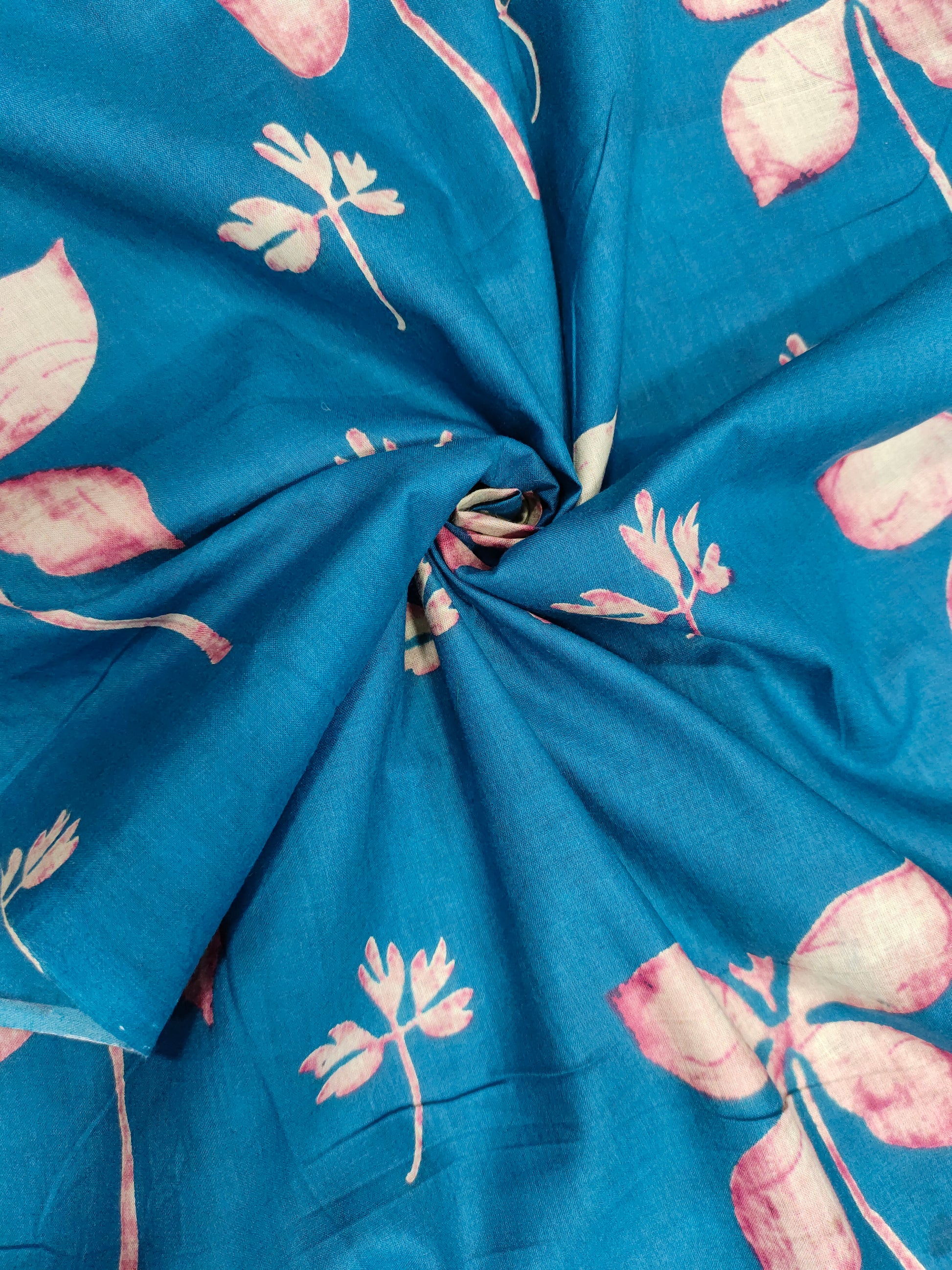 Cotton peacock blue screen print fabric petal flower design