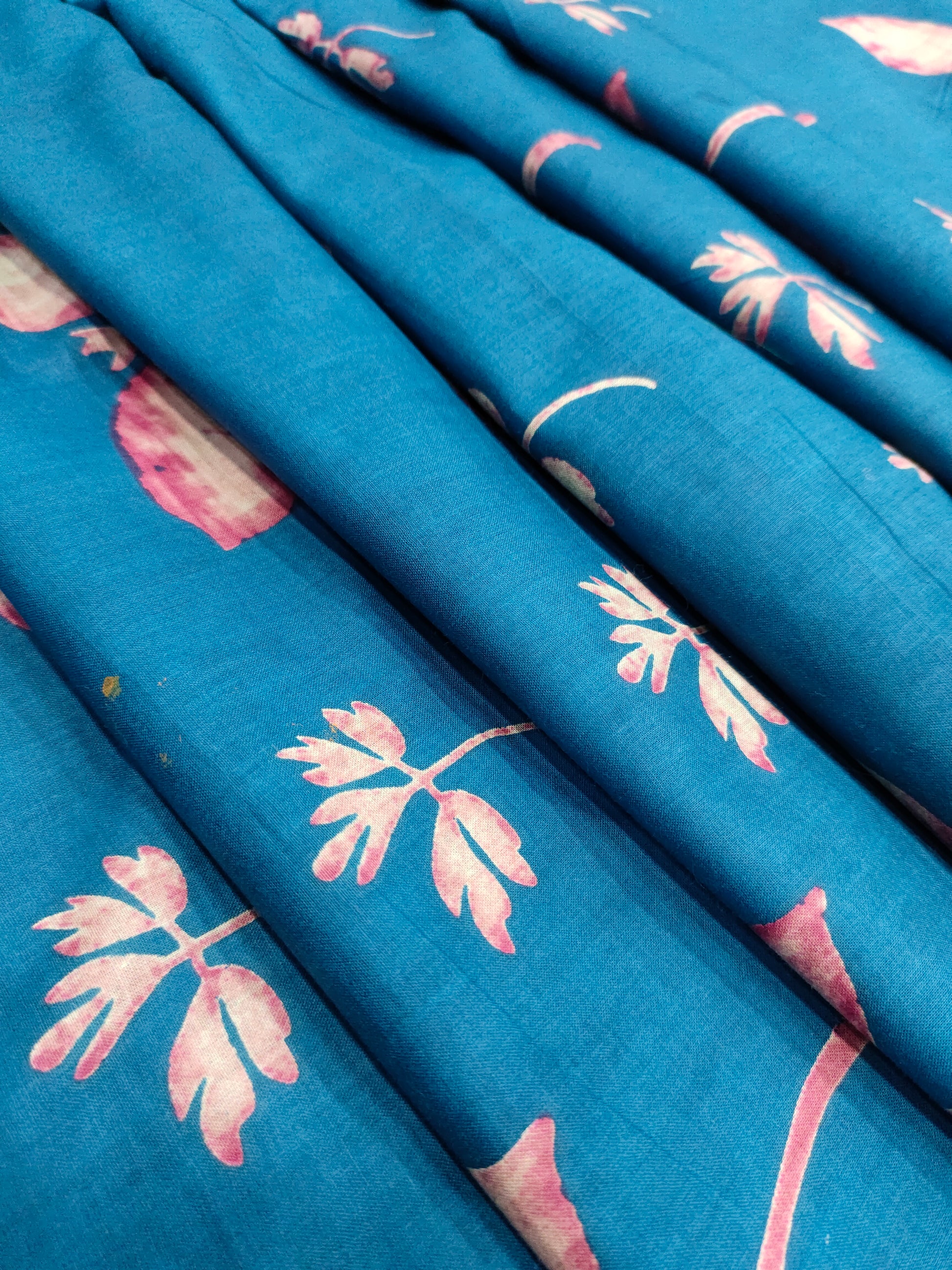 Cotton peacock blue screen print fabric petal flower design