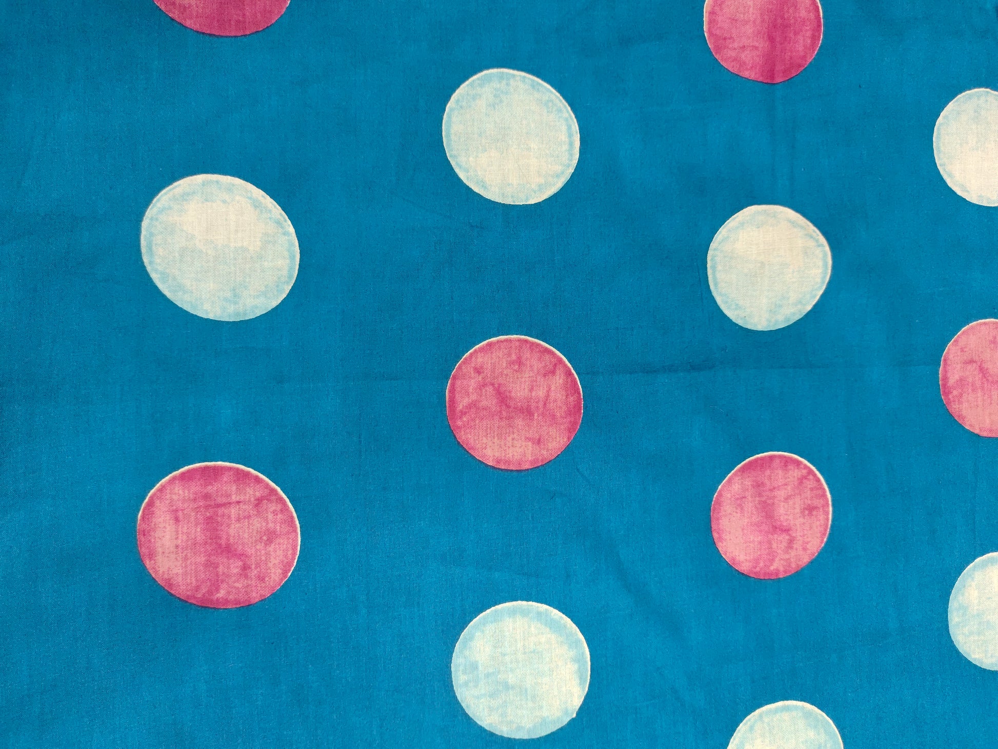 Cotton peacock blue screen print fabric with dots