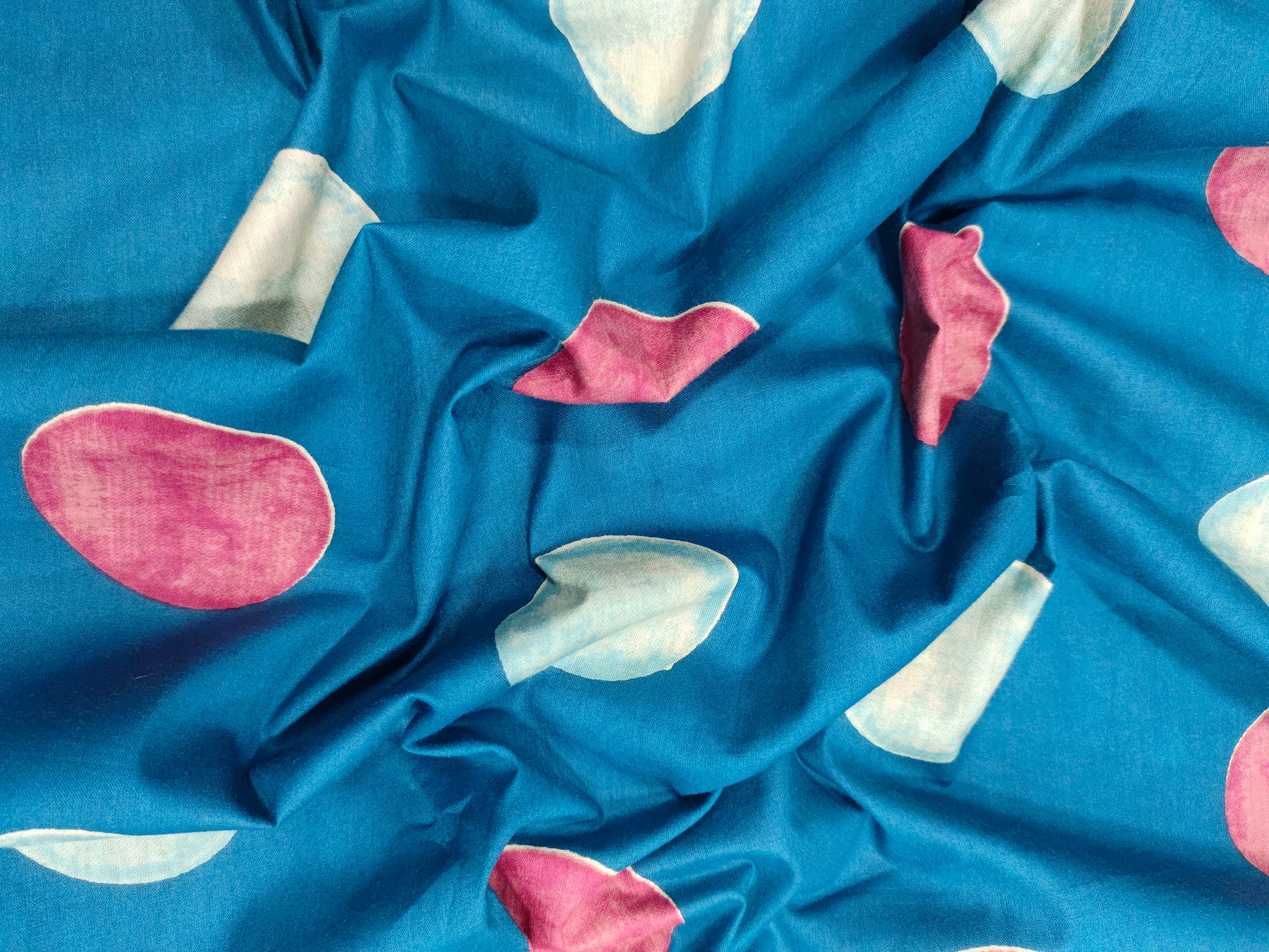 Cotton peacock blue screen print fabric with dots