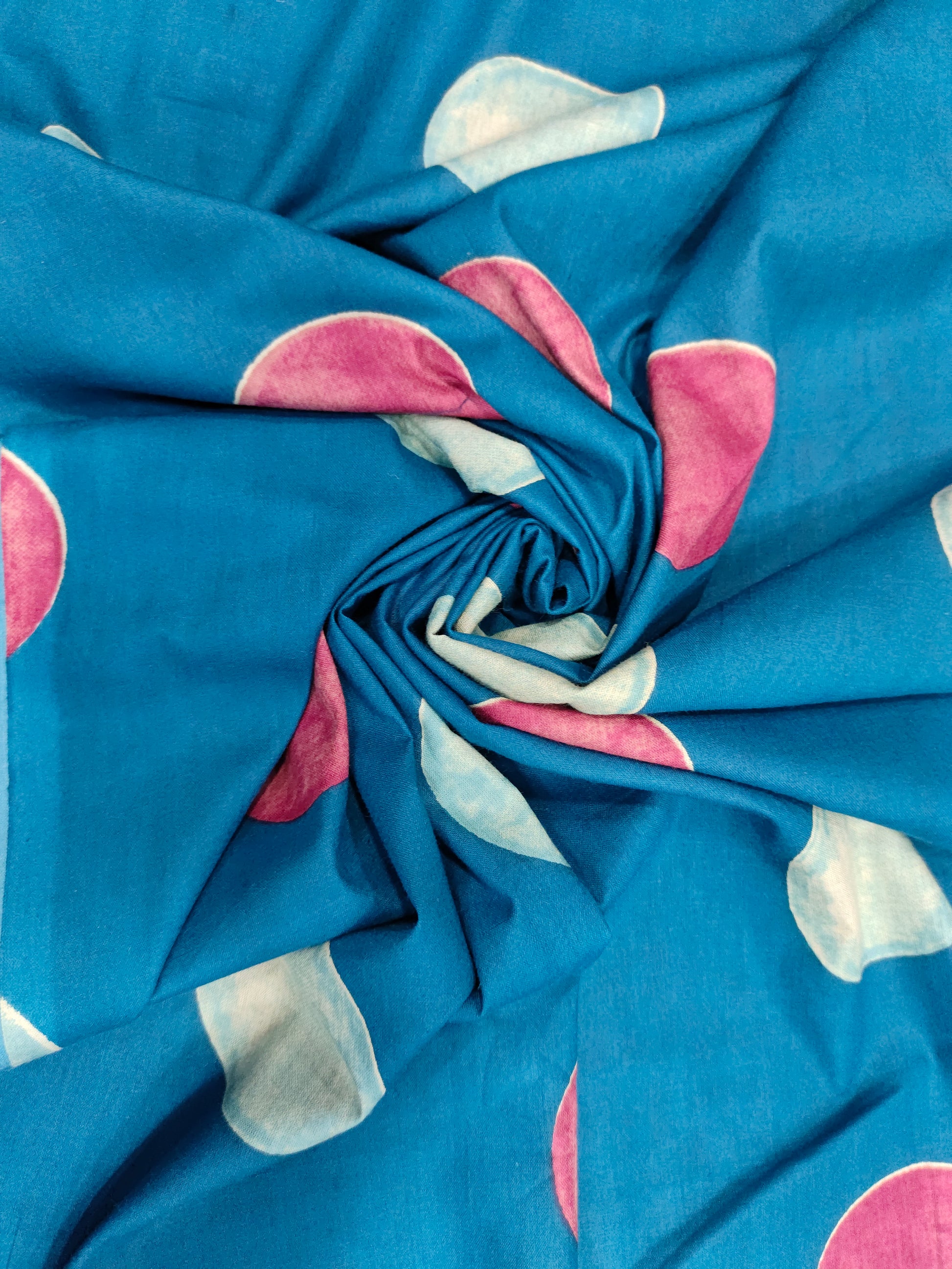 Cotton peacock blue screen print fabric with dots