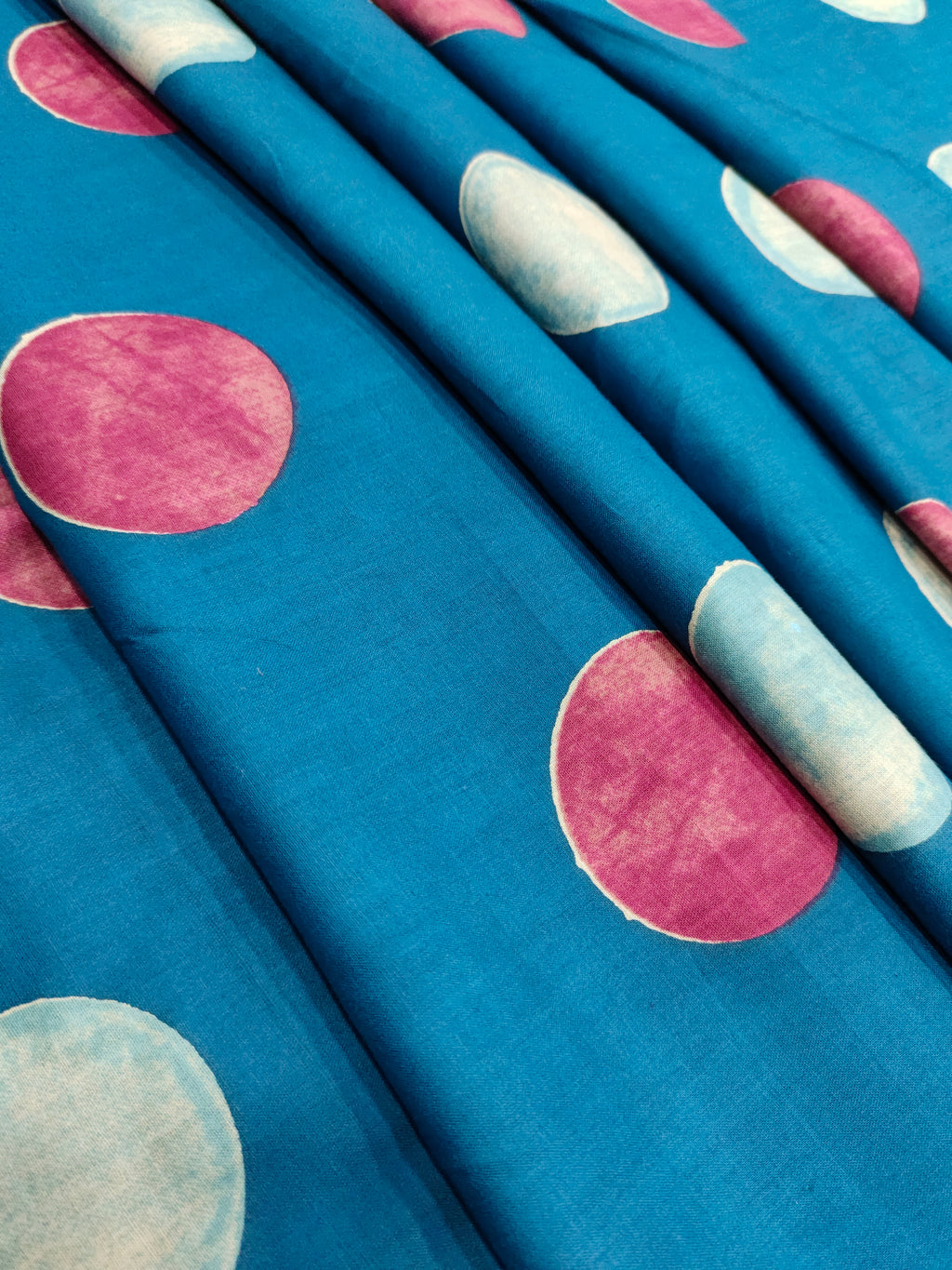 Cotton peacock blue screen print fabric with dots