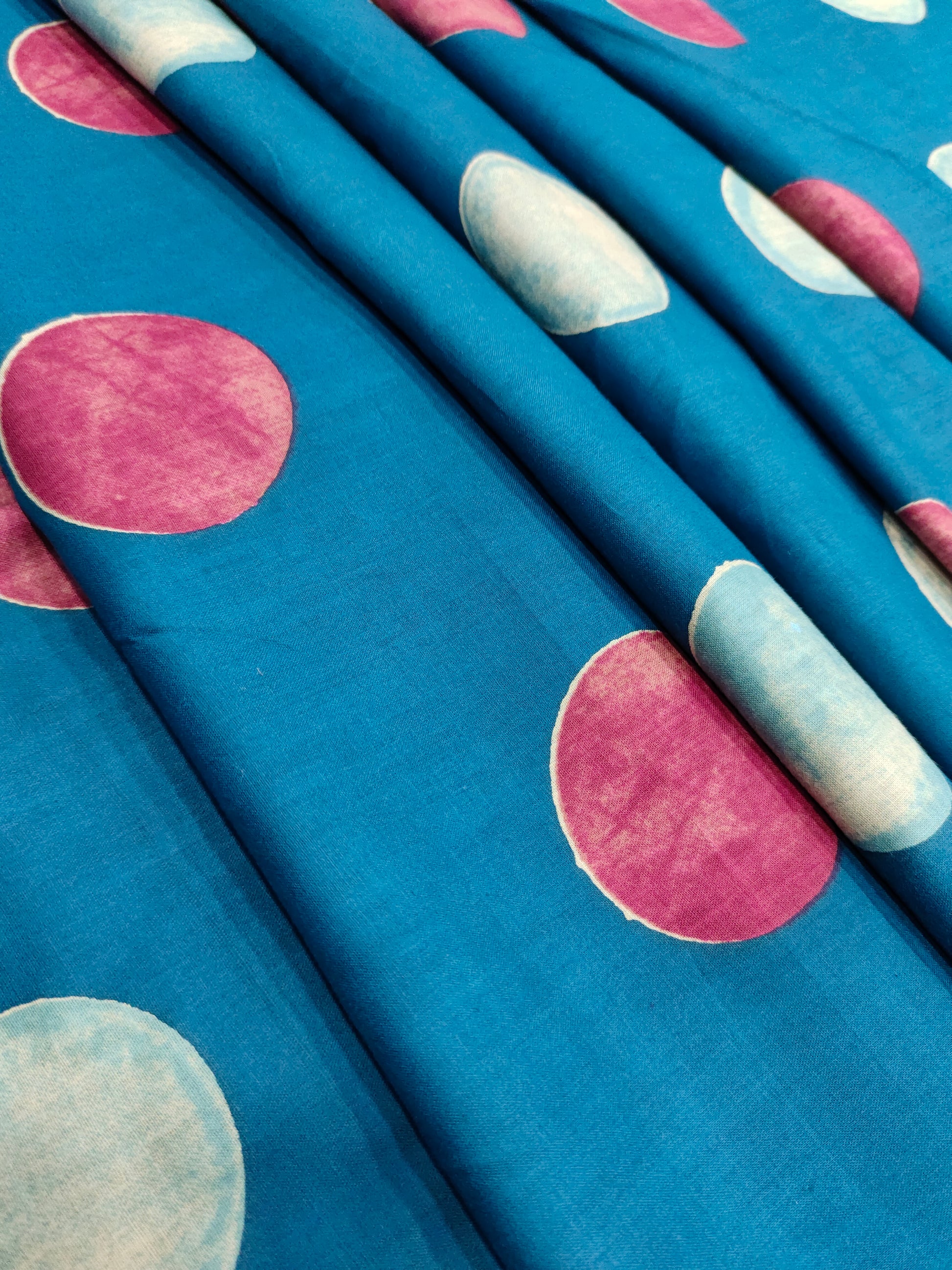 Cotton peacock blue screen print fabric with dots