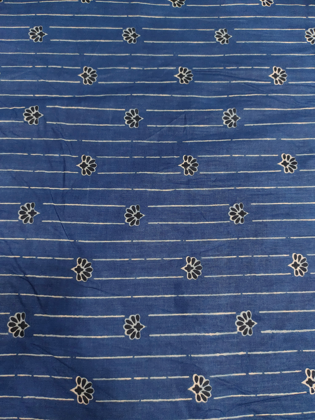 Dark blue cotton screen print fabric with stripes and flowers