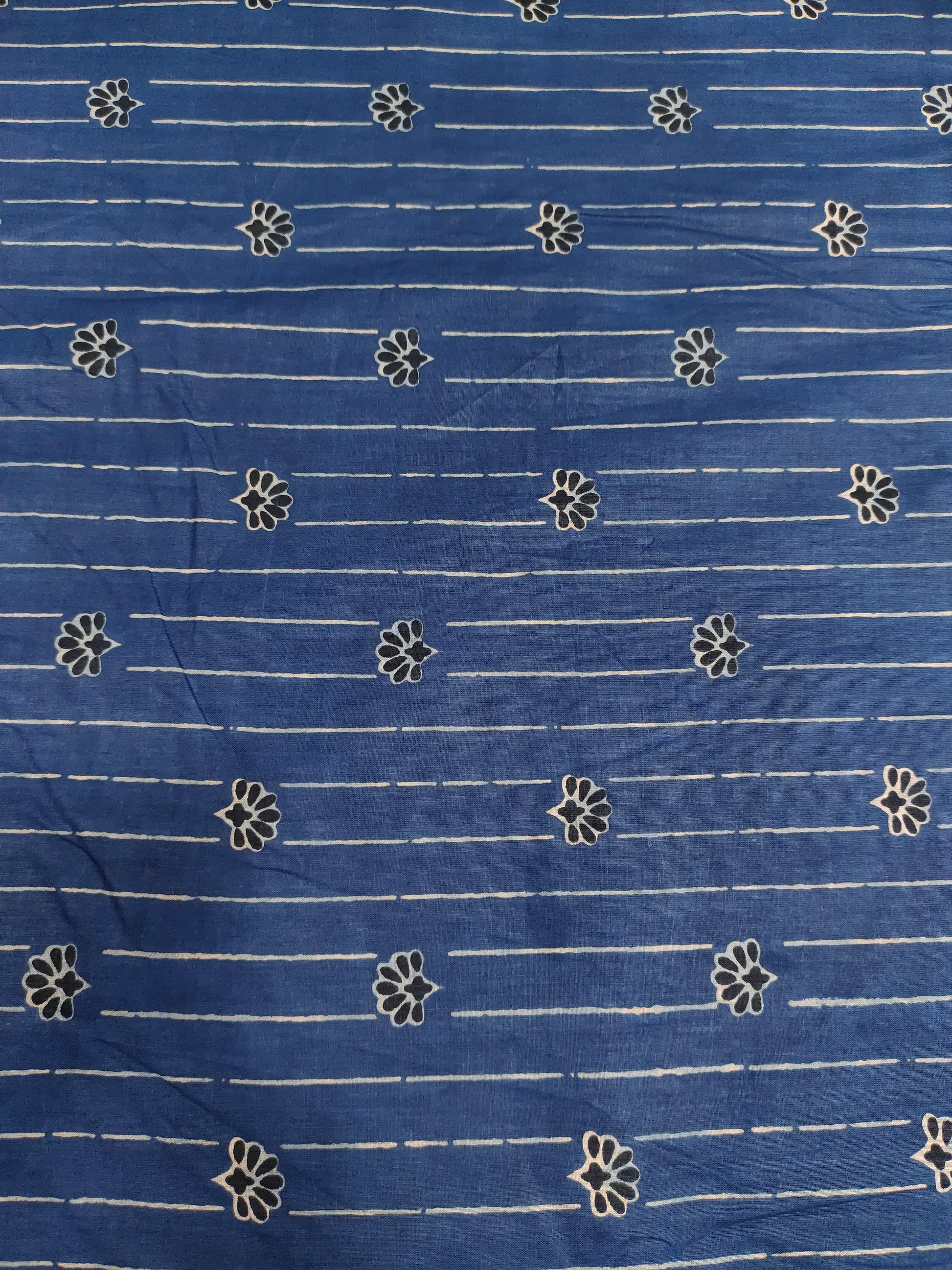 Dark blue cotton screen print fabric with stripes and flowers