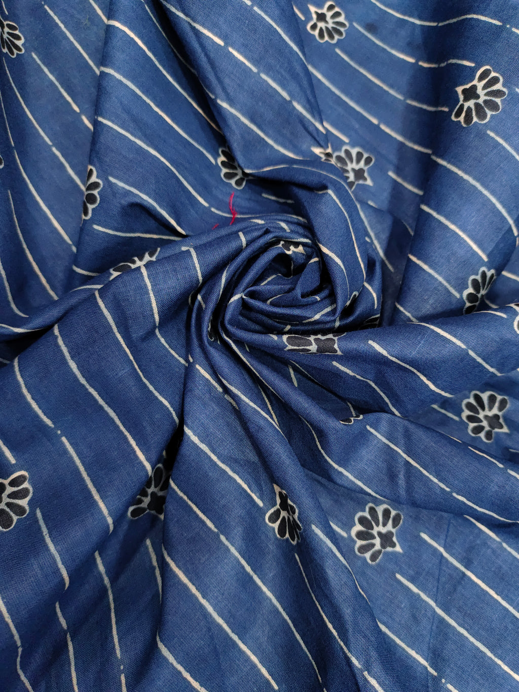 Dark blue cotton screen print fabric with stripes and flowers