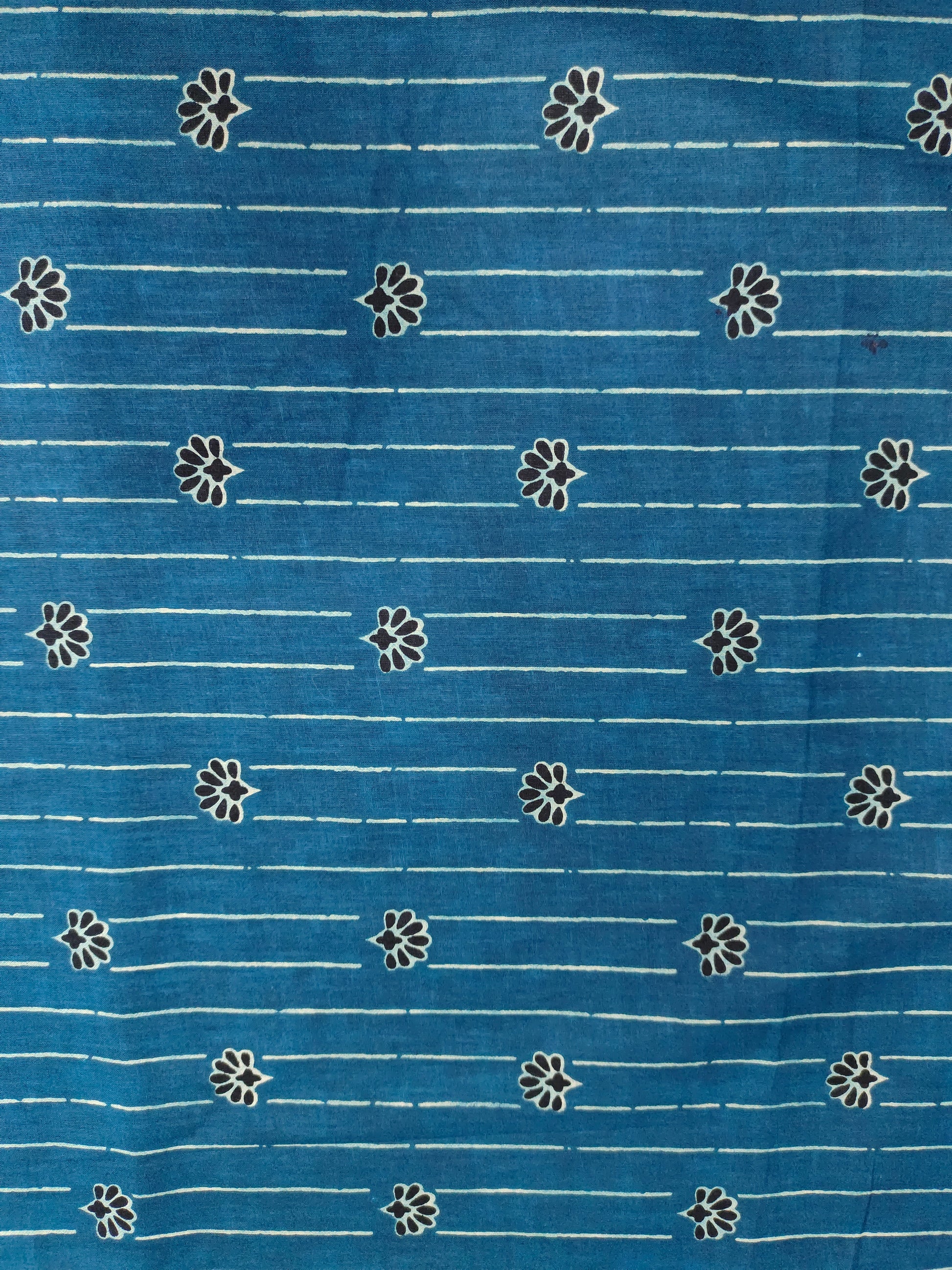 Peacock blue cotton screen print fabric with stripes and flowers